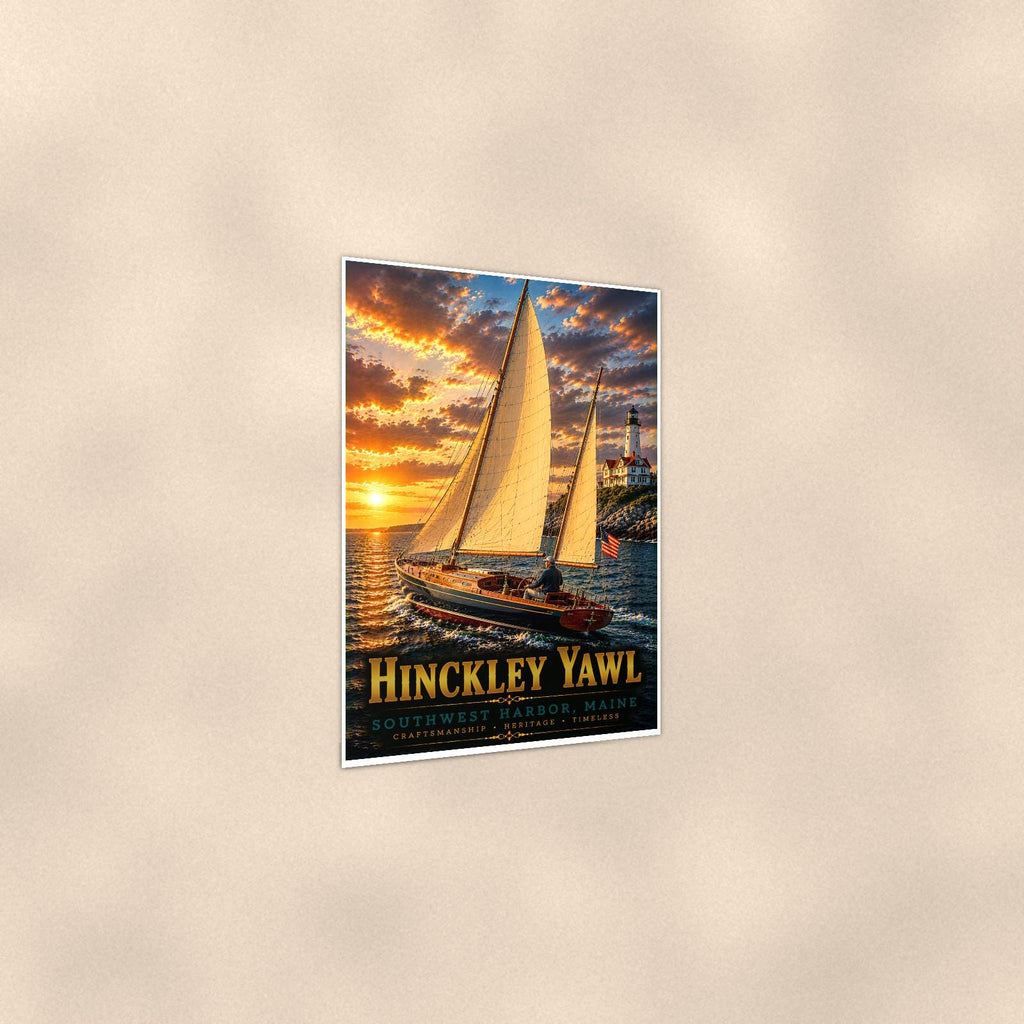 Hinckley Yawl - Southwest Harbor, Maine — 24x36 in art print poster, premium luster paper with a white border; gentle three-quarter angle on a warm wall, showing the flat paper edge.