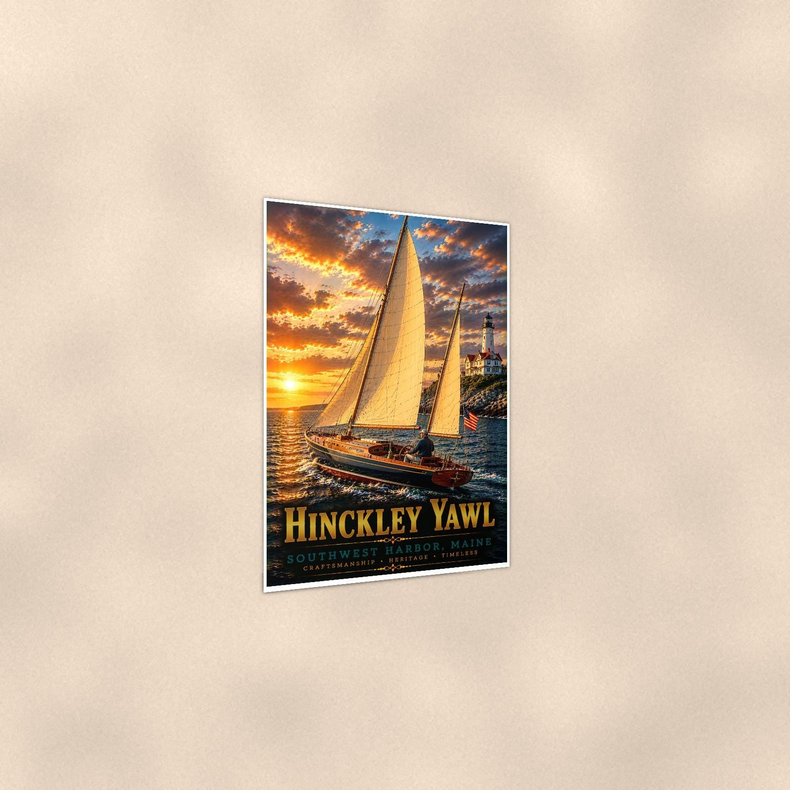 Hinckley Yawl - Southwest Harbor, Maine — 24x36 in art print poster, premium luster paper with a white border; gentle three-quarter angle on a warm wall, showing the flat paper edge.