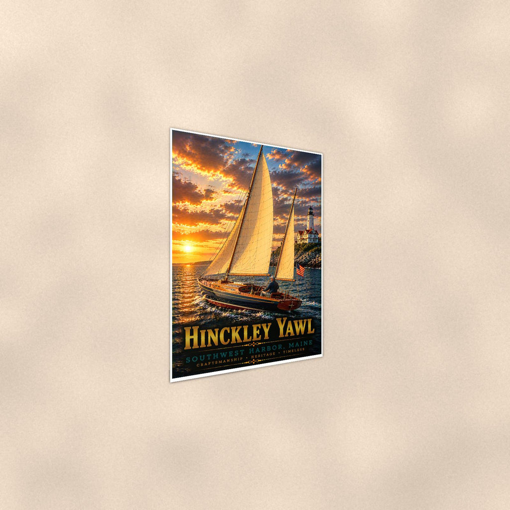 Hinckley Yawl - Southwest Harbor, Maine — 24x36 in art print poster, premium luster paper with a white border; steeper three-quarter angle on a warm wall, catching the luster sheen.