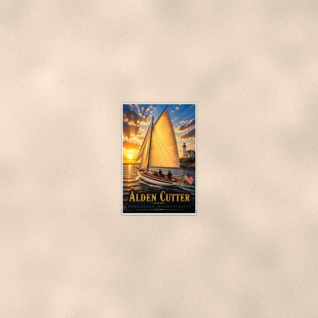 Alden Cutter - Marblehead, Massachusetts — 24x36 in art print poster, premium luster paper with a white border; poster seen from further back, at true 24x36 in scale on a warm wall.