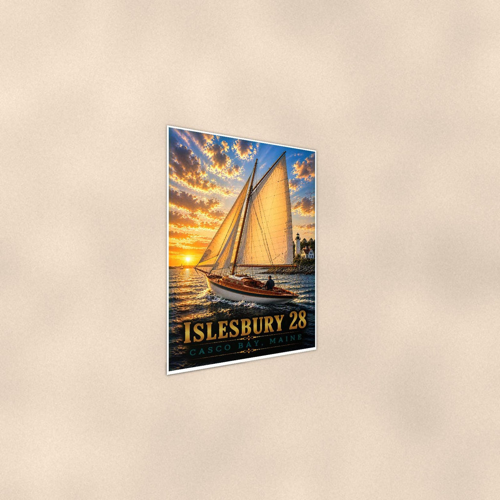 Islesbury 28 - Casco Bay, Maine — 24x36 in art print poster, premium luster paper with a white border; steeper three-quarter angle on a warm wall, catching the luster sheen.