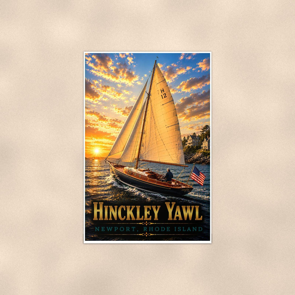 Hinckley Yawl - Newport, Rhode Island — 24x36 in art print poster, premium luster paper with a white border; poster shown straight on against a warm wall.