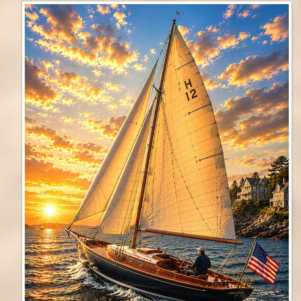 Hinckley Yawl - Newport, Rhode Island — 24x36 in art print poster, premium luster paper with a white border; close-up framed on the main subject of the artwork, paper surface visible.