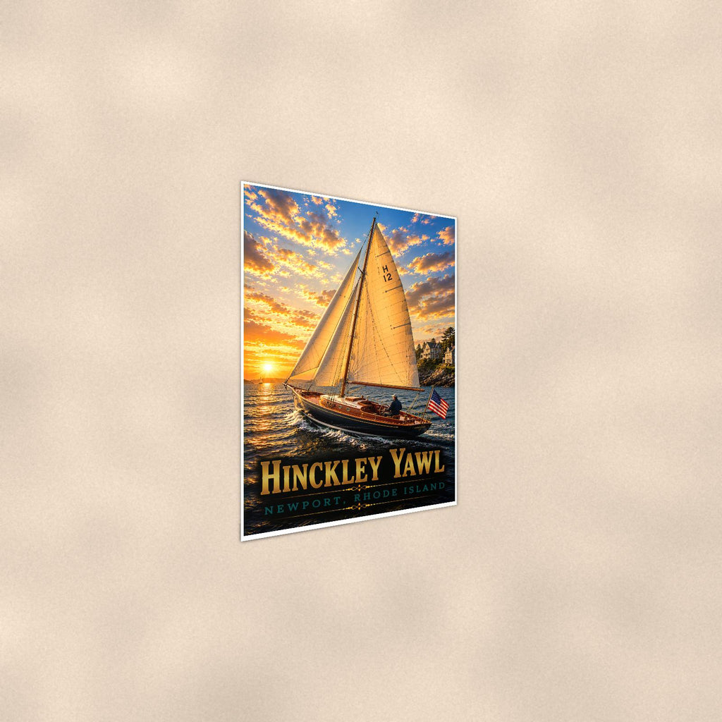 Hinckley Yawl - Newport, Rhode Island — 24x36 in art print poster, premium luster paper with a white border; steeper three-quarter angle on a warm wall, catching the luster sheen.