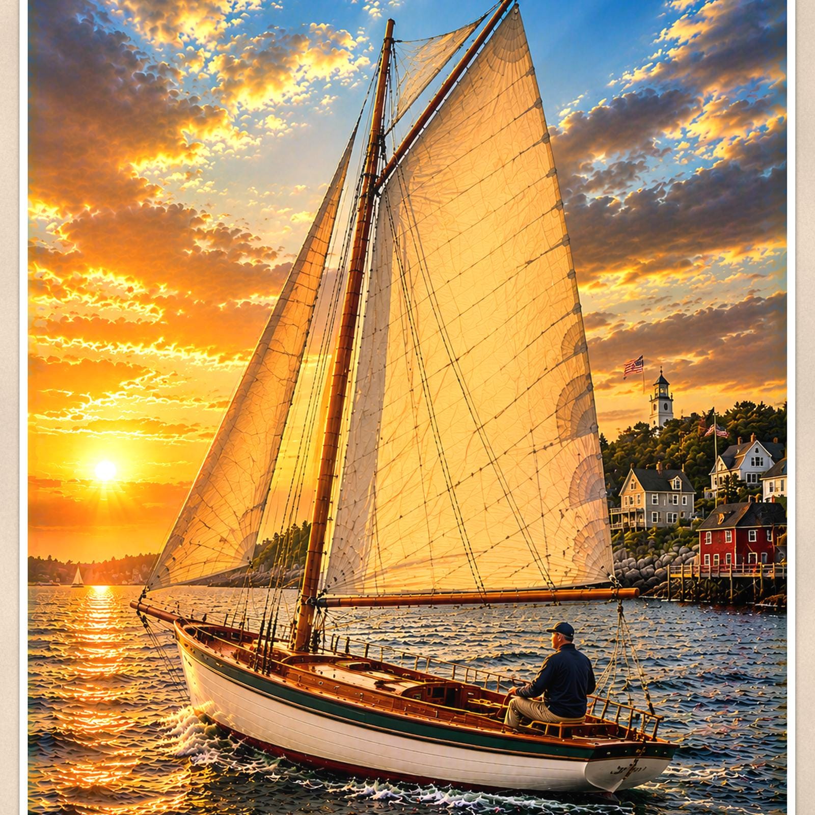 Friendship Sloop - Rockport, Massachusetts — 24x36 in art print poster, premium luster paper with a white border; close-up framed on the main subject of the artwork, paper surface visible.