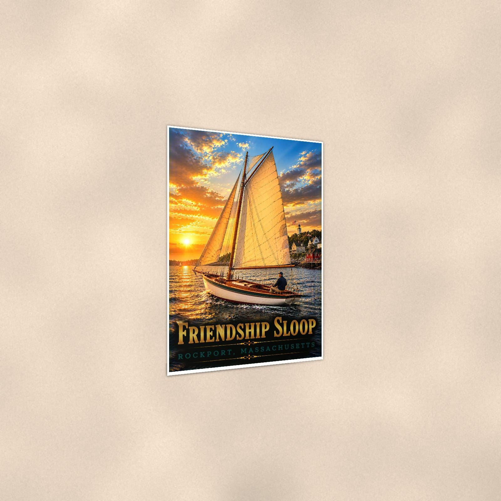 Friendship Sloop - Rockport, Massachusetts — 24x36 in art print poster, premium luster paper with a white border; gentle three-quarter angle on a warm wall, showing the flat paper edge.