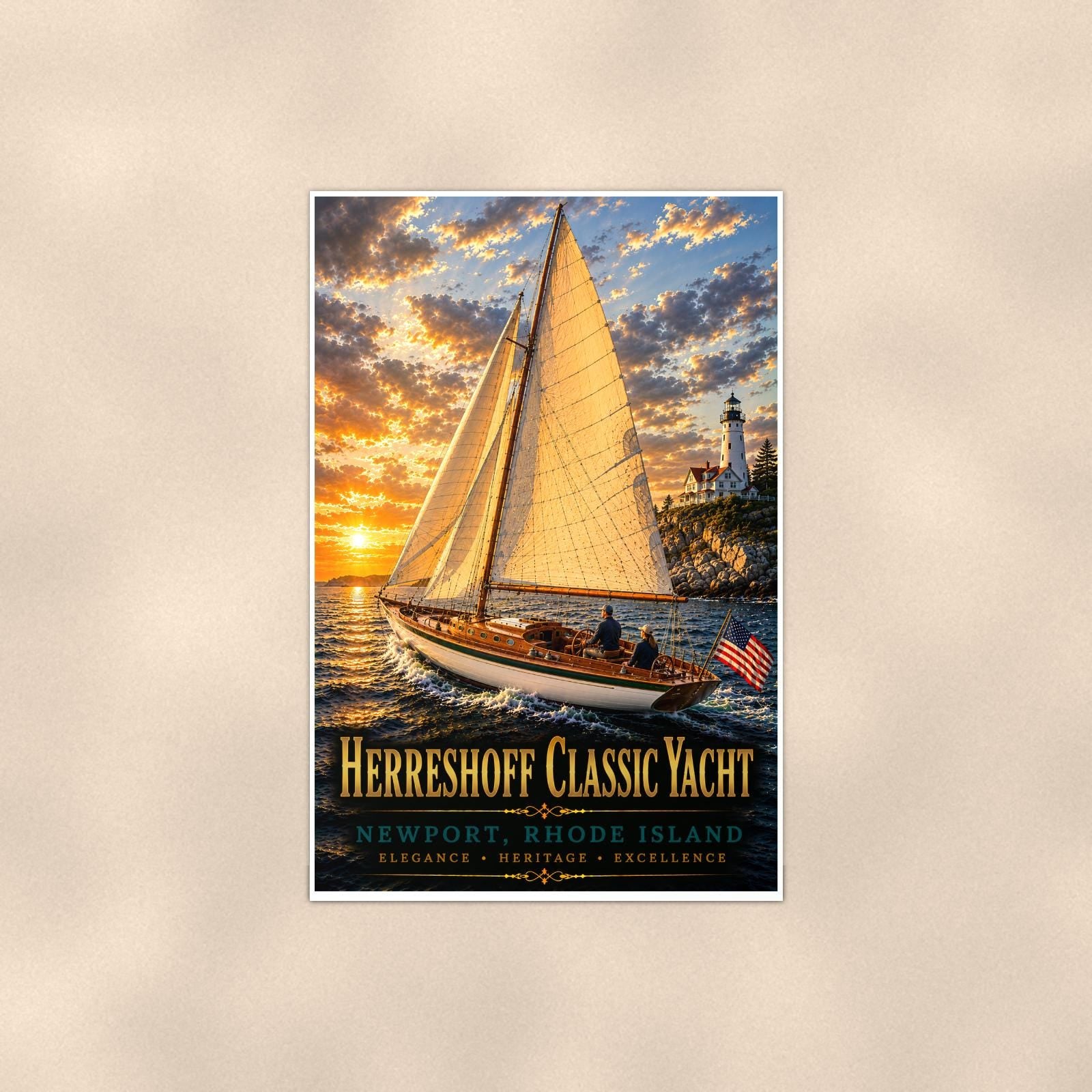 Herreshoff Classic Yacht - Newport, Rhode Island — 24x36 in art print poster, premium luster paper with a white border; poster shown straight on against a warm wall.