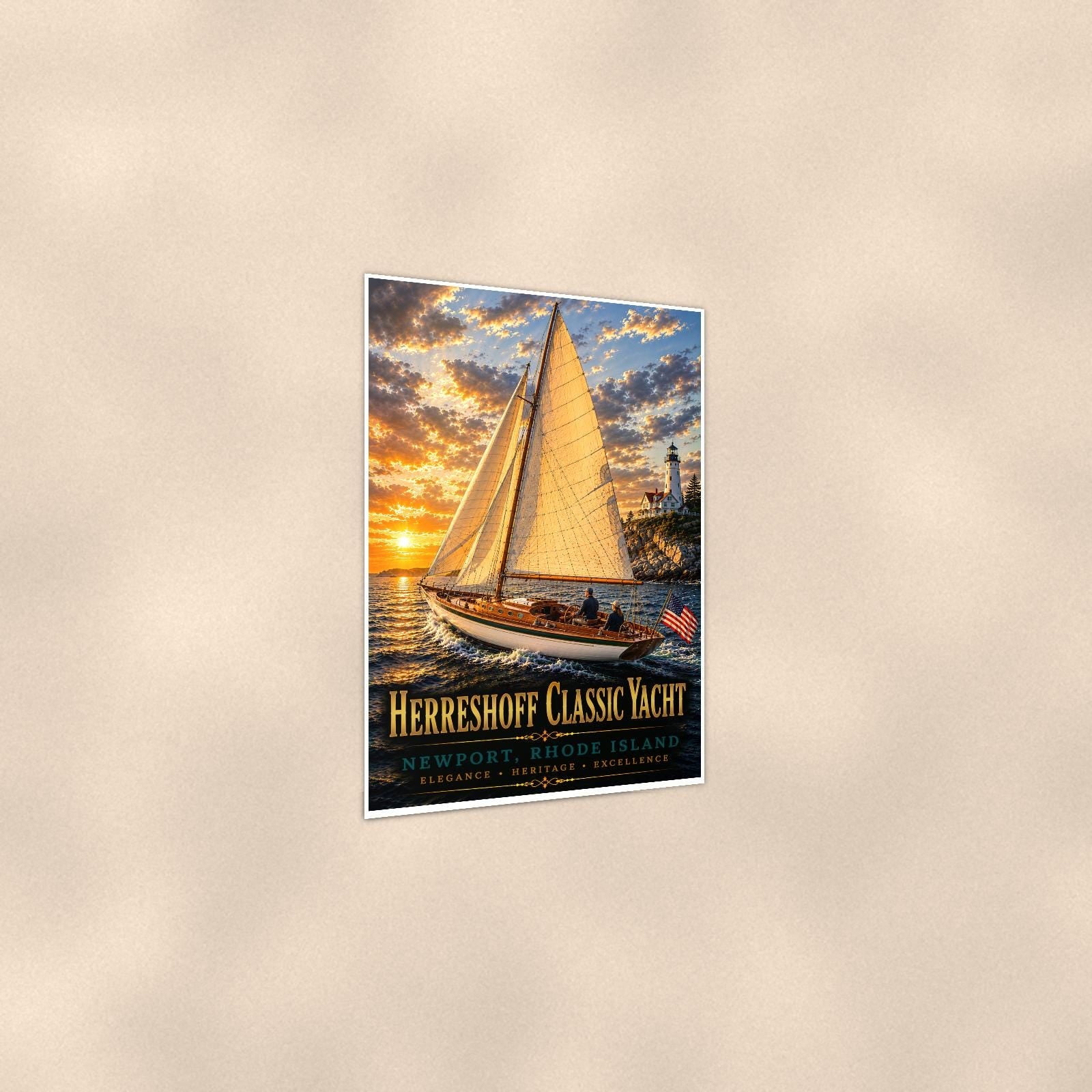 Herreshoff Classic Yacht - Newport, Rhode Island — 24x36 in art print poster, premium luster paper with a white border; gentle three-quarter angle on a warm wall, showing the flat paper edge.