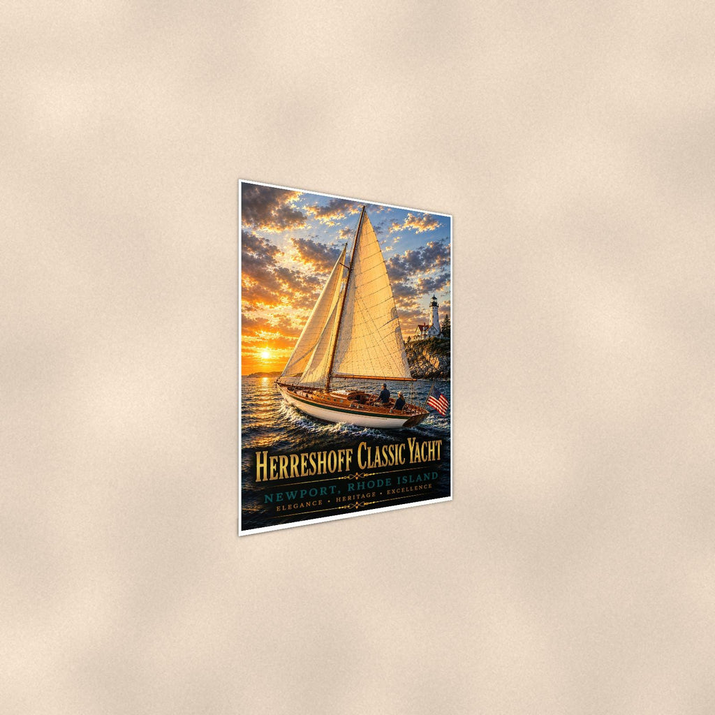 Herreshoff Classic Yacht - Newport, Rhode Island — 24x36 in art print poster, premium luster paper with a white border; steeper three-quarter angle on a warm wall, catching the luster sheen.
