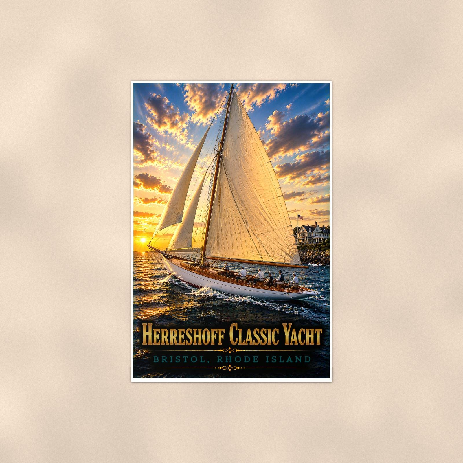 Herreshoff Classic Yacht - Bristol, Rhode Island — 24x36 in art print poster, premium luster paper with a white border; poster shown straight on against a warm wall.