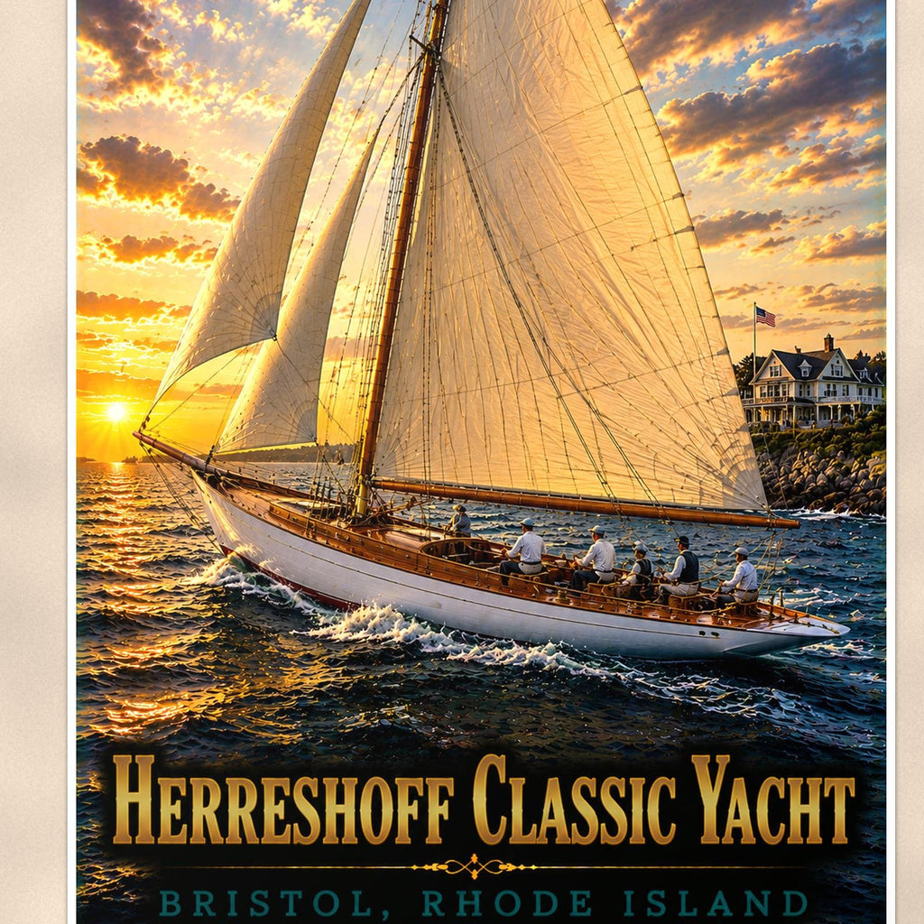 Herreshoff Classic Yacht - Bristol, Rhode Island — 24x36 in art print poster, premium luster paper with a white border; close-up framed on the main subject of the artwork, paper surface visible.