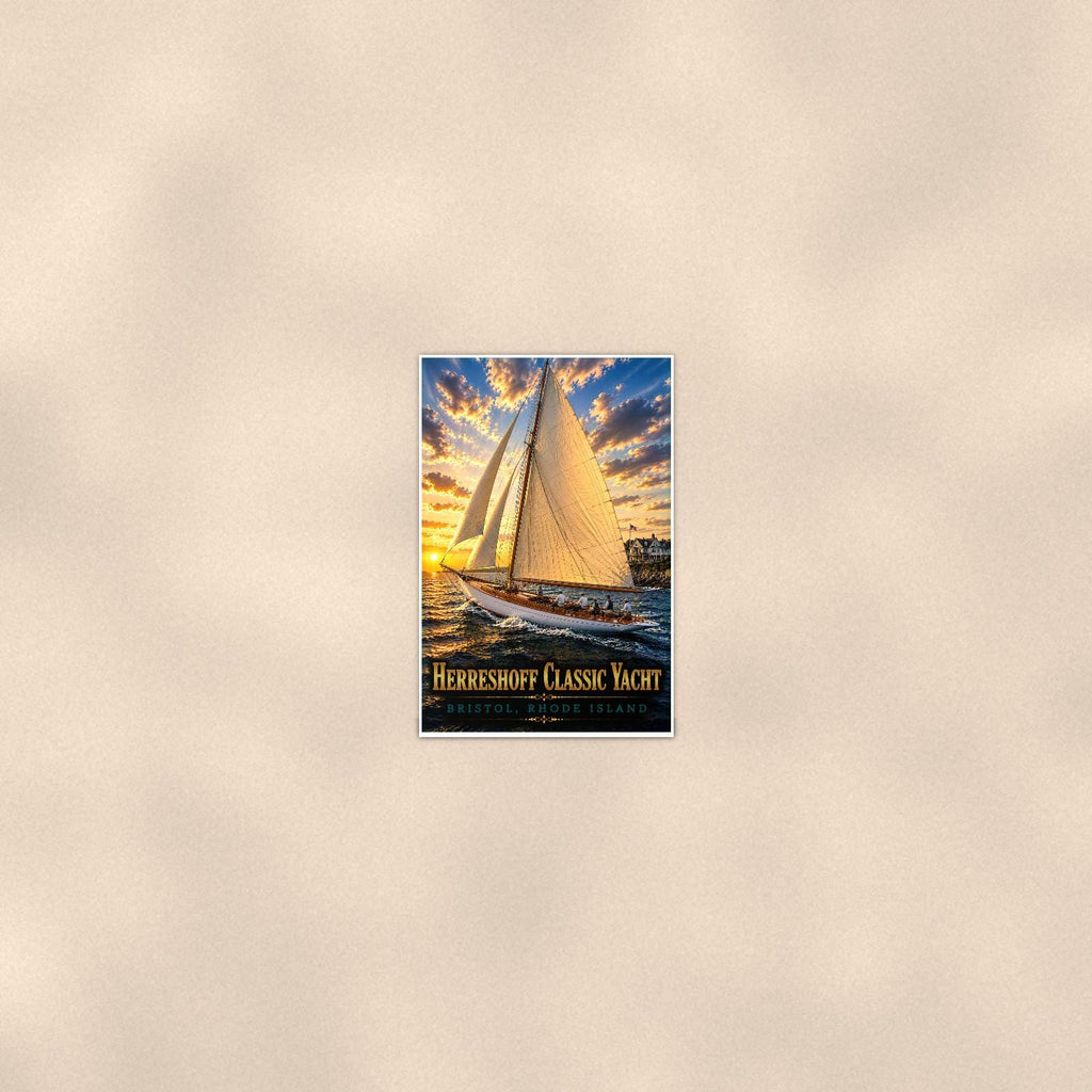 Herreshoff Classic Yacht - Bristol, Rhode Island — 24x36 in art print poster, premium luster paper with a white border; poster seen from further back, at true 24x36 in scale on a warm wall.