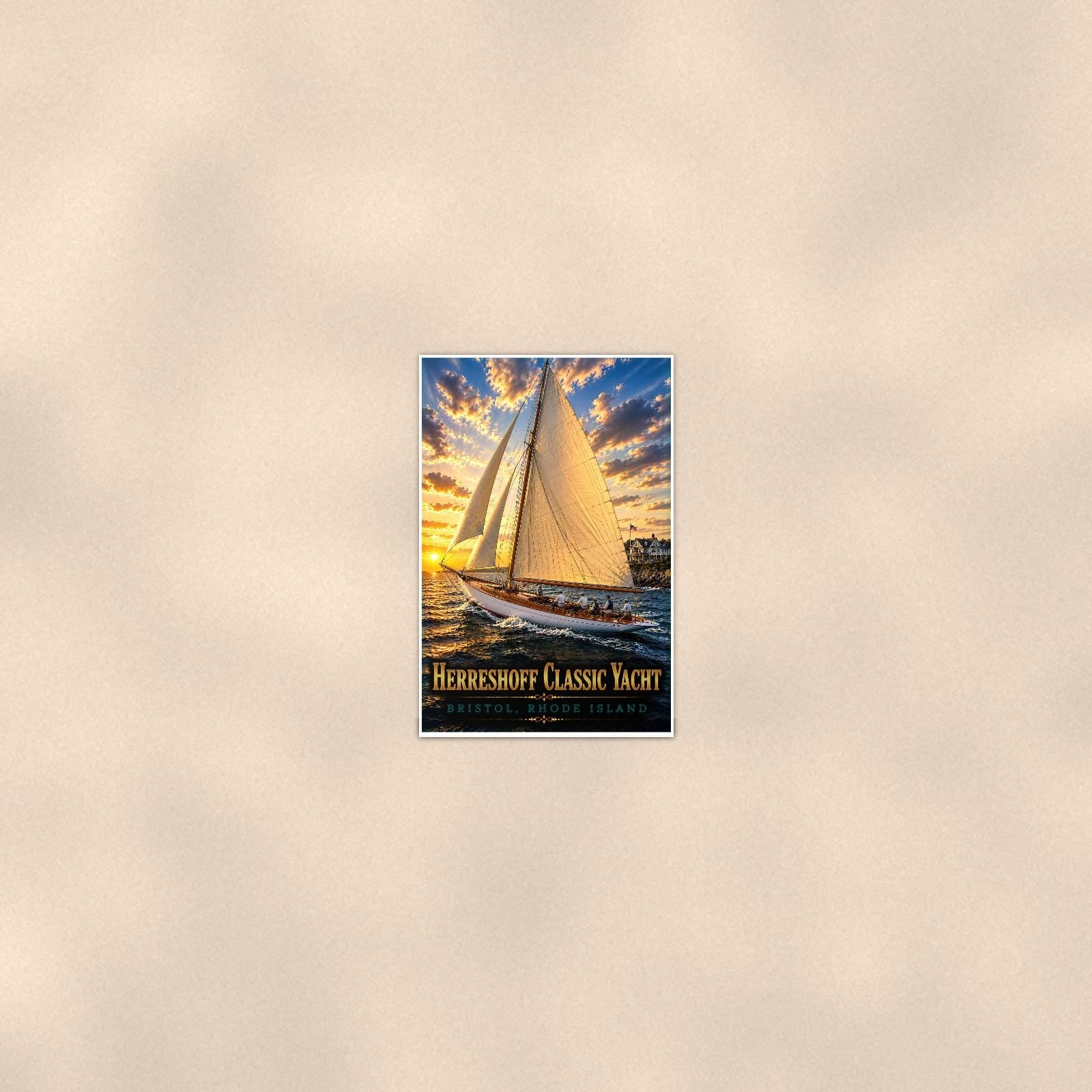 Herreshoff Classic Yacht - Bristol, Rhode Island — 24x36 in art print poster, premium luster paper with a white border; poster seen from further back, at true 24x36 in scale on a warm wall.