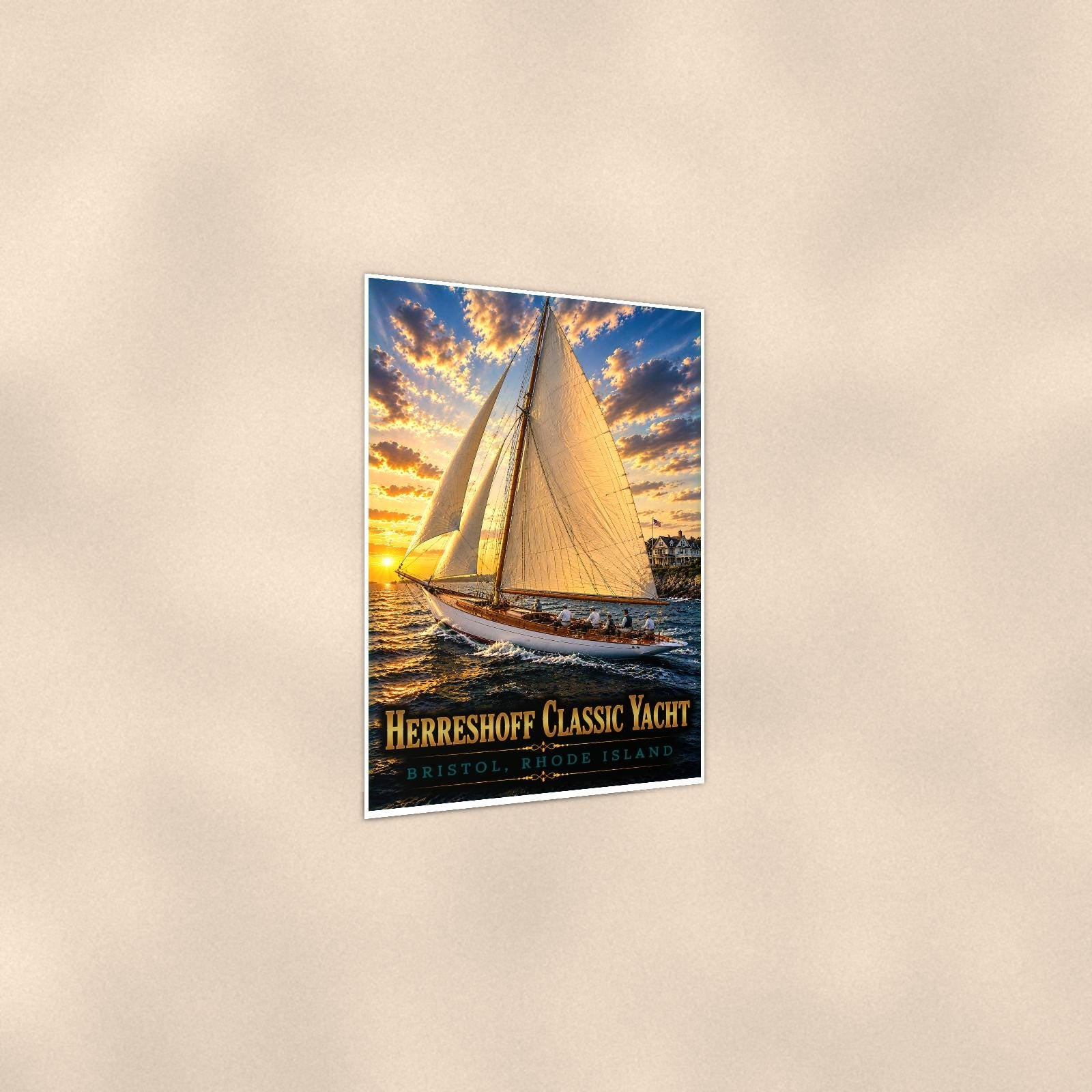 Herreshoff Classic Yacht - Bristol, Rhode Island — 24x36 in art print poster, premium luster paper with a white border; gentle three-quarter angle on a warm wall, showing the flat paper edge.