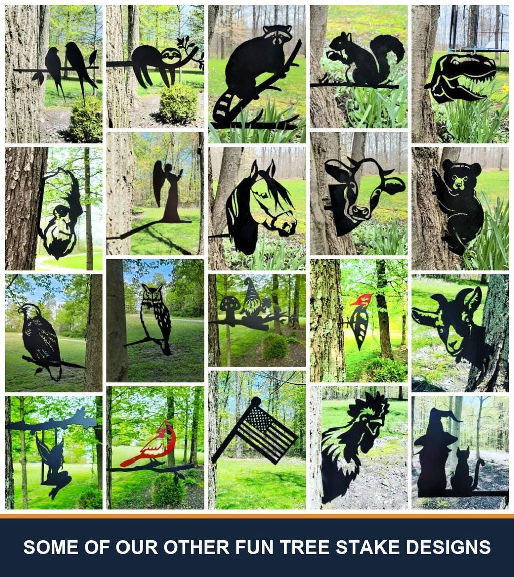 A sampler grid of other TKG metal tree and garden stake designs, shown staked in flower beds and mounted on trees, posts and mailboxes. Captioned “some of our other fun tree stake designs” — these are other designs we make, not what is included with this listing.