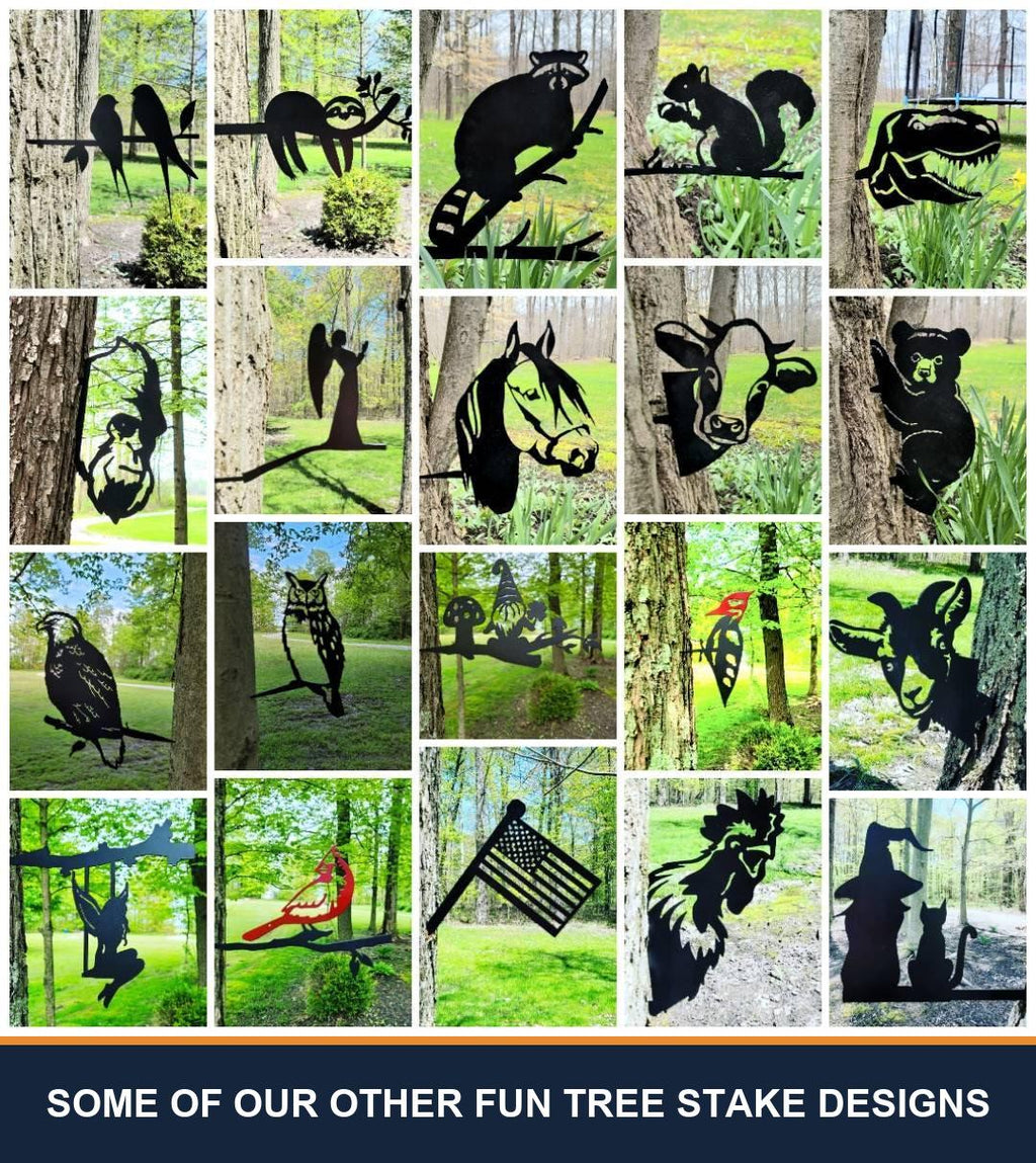 A sampler grid of other TKG metal tree and garden stake designs, shown staked in flower beds and mounted on trees, posts and mailboxes. Captioned “some of our other fun tree stake designs” — these are other designs we make, not what is included with this listing.