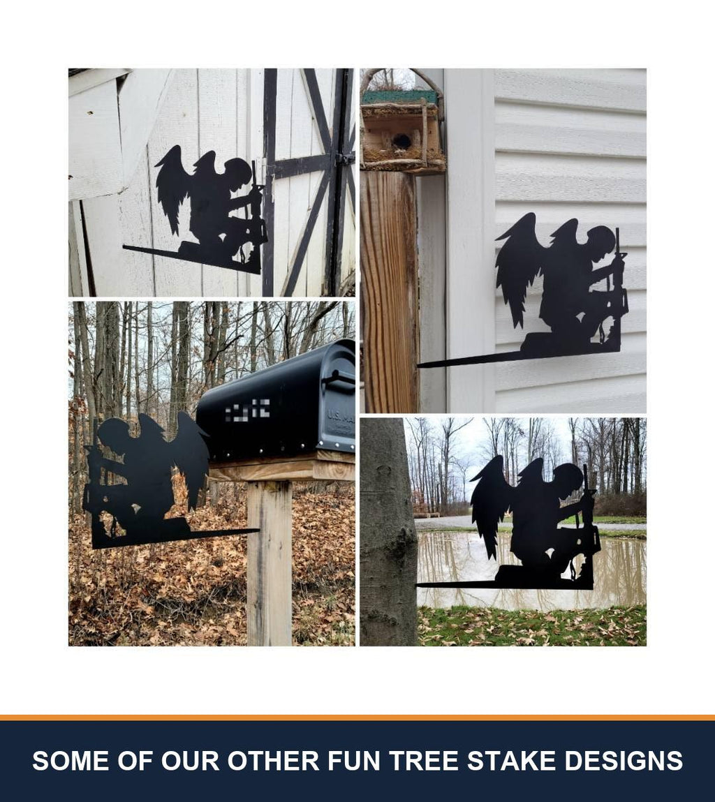 A sampler grid of other TKG metal tree and garden stake designs, shown staked in flower beds and mounted on trees, posts and mailboxes. Captioned “some of our other fun tree stake designs” — these are other designs we make, not what is included with this listing.