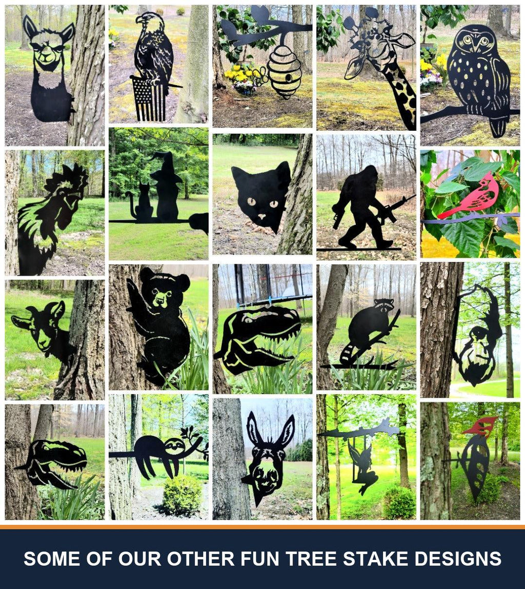 A sampler grid of other TKG metal tree and garden stake designs, shown staked in flower beds and mounted on trees, posts and mailboxes. Captioned “some of our other fun tree stake designs” — these are other designs we make, not what is included with this listing.