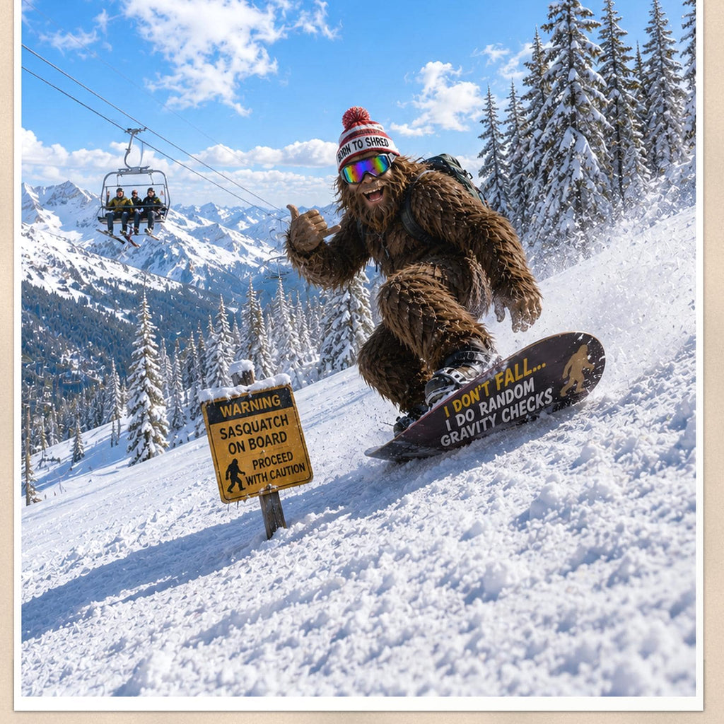 Snowboard Bigfoot — 24x36 in art print poster, premium luster paper with a white border; close-up framed on the main subject of the artwork, paper surface visible.