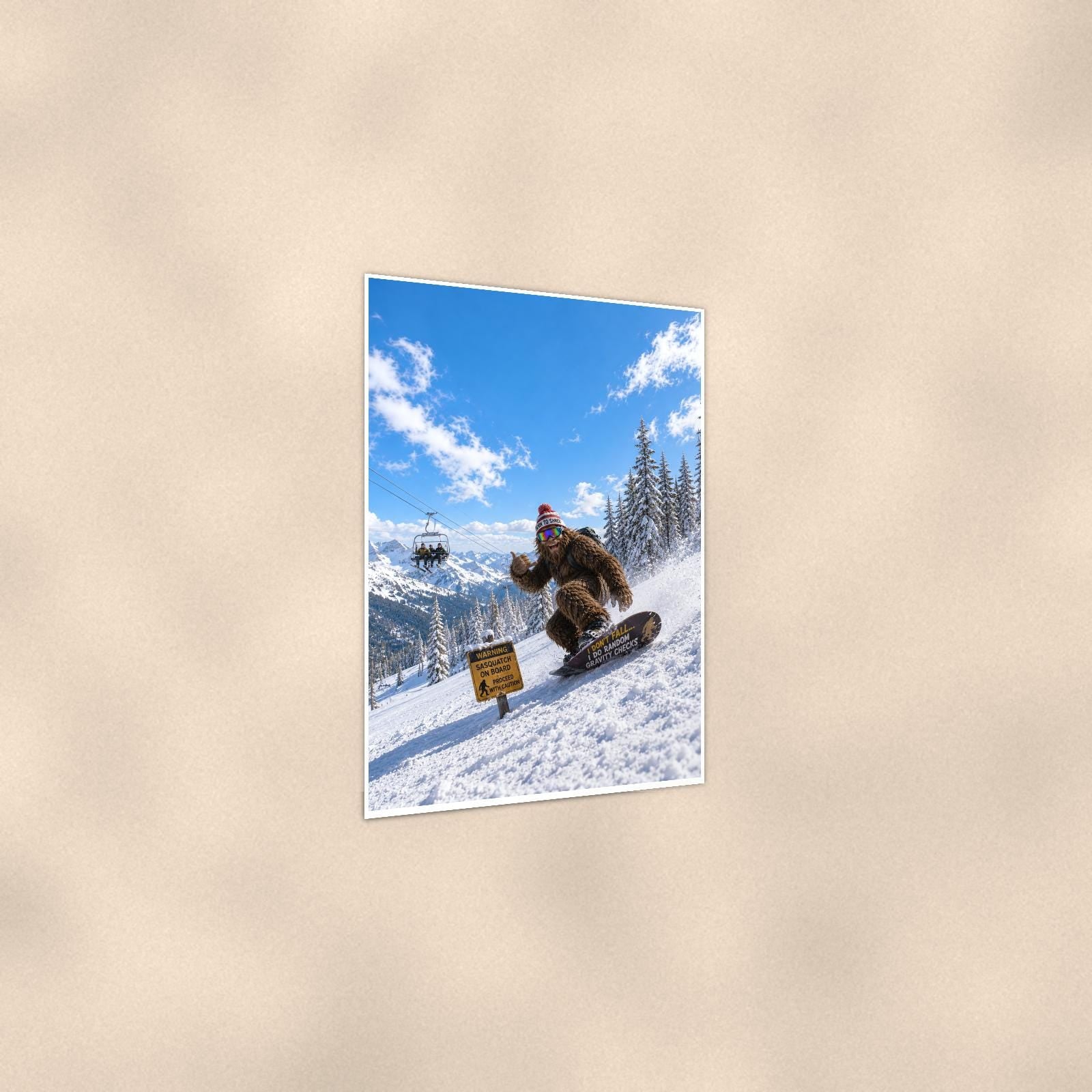 Snowboard Bigfoot — 24x36 in art print poster, premium luster paper with a white border; gentle three-quarter angle on a warm wall, showing the flat paper edge.