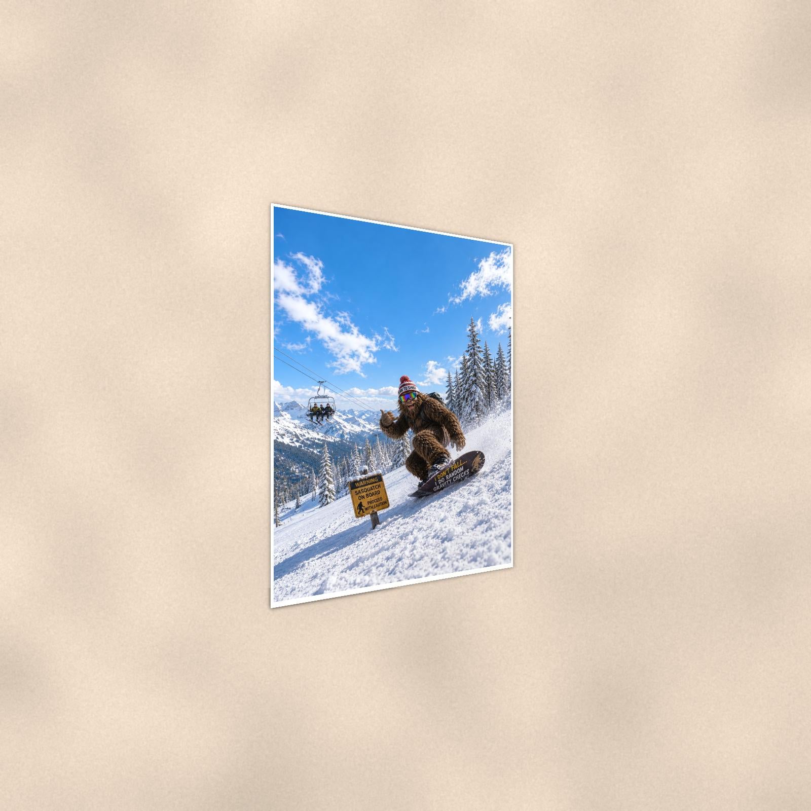 Snowboard Bigfoot — 24x36 in art print poster, premium luster paper with a white border; steeper three-quarter angle on a warm wall, catching the luster sheen.