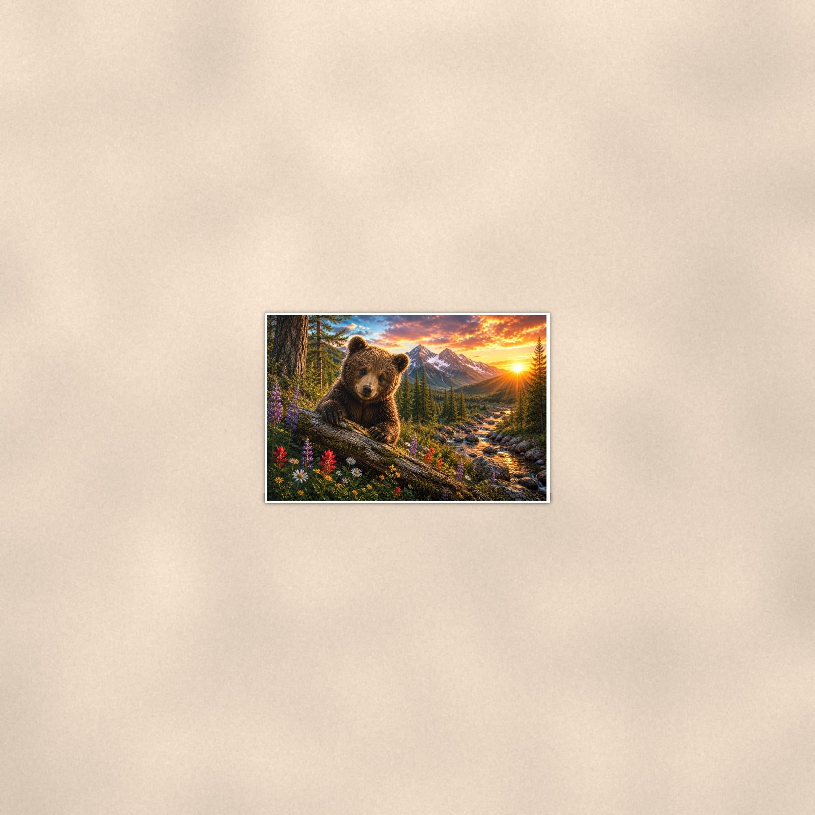 Spring Wildflower Sunset Bear — 36x24 in art print poster, premium luster paper with a white border; poster seen from further back, at true 24x36 in scale on a warm wall.