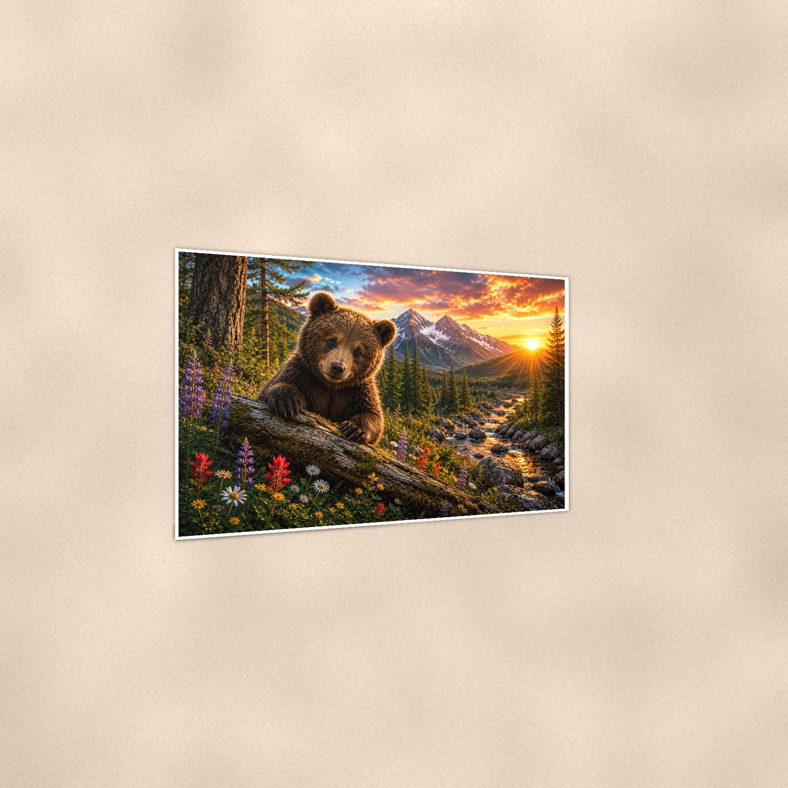 Spring Wildflower Sunset Bear — 36x24 in art print poster, premium luster paper with a white border; gentle three-quarter angle on a warm wall, showing the flat paper edge.