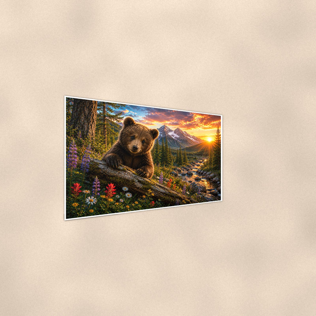Spring Wildflower Sunset Bear — 36x24 in art print poster, premium luster paper with a white border; steeper three-quarter angle on a warm wall, catching the luster sheen.