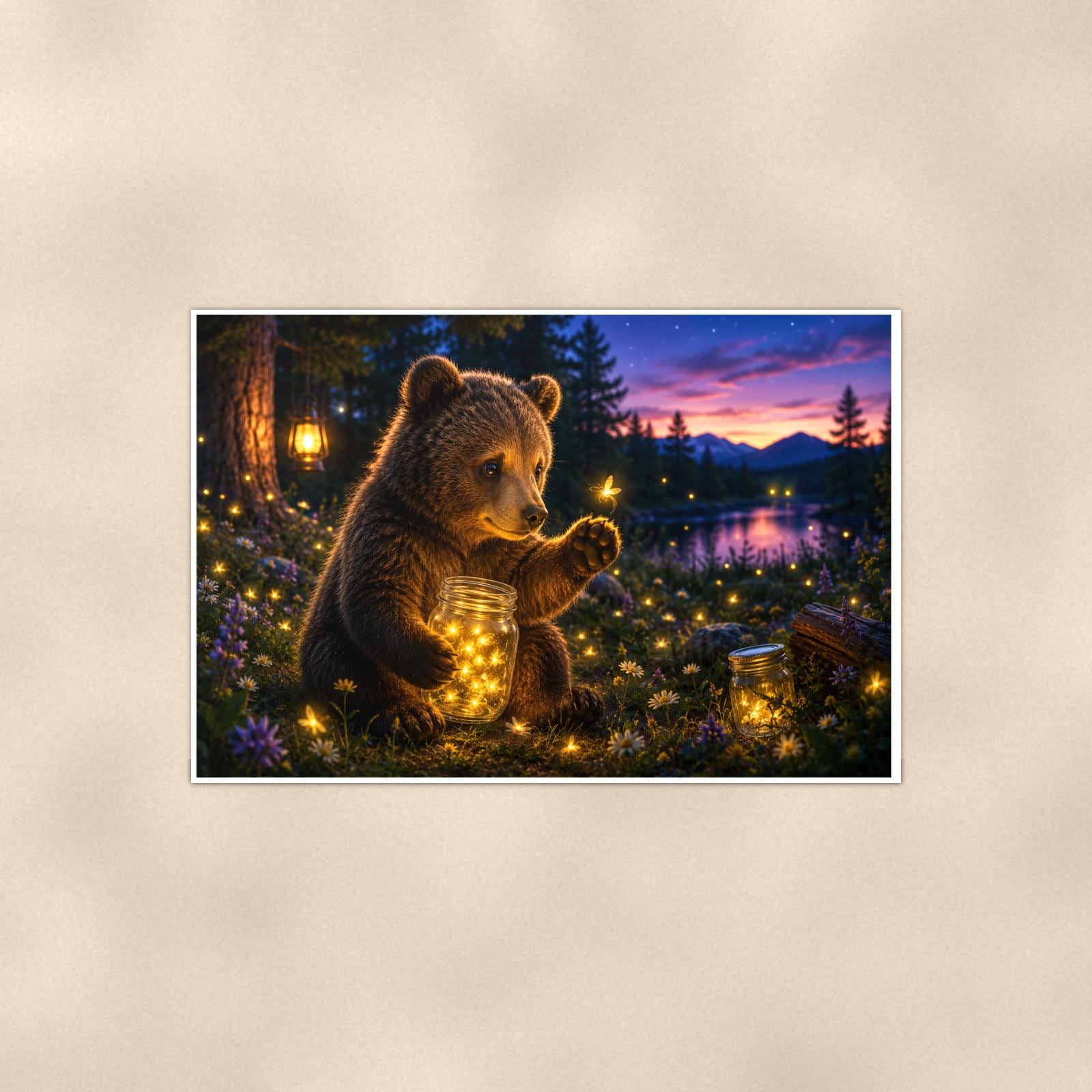Starry Night Bear — 36x24 in art print poster, premium luster paper with a white border; poster shown straight on against a warm wall.