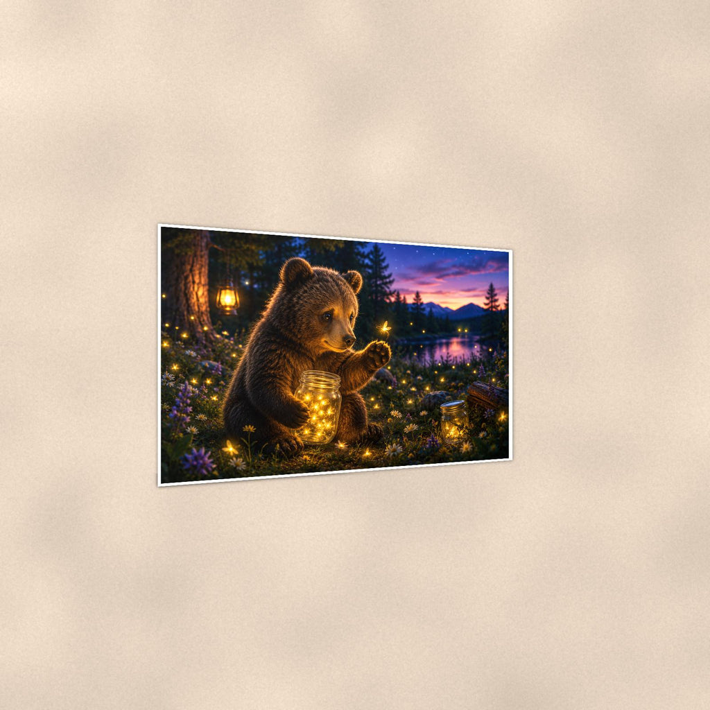 Starry Night Bear — 36x24 in art print poster, premium luster paper with a white border; gentle three-quarter angle on a warm wall, showing the flat paper edge.