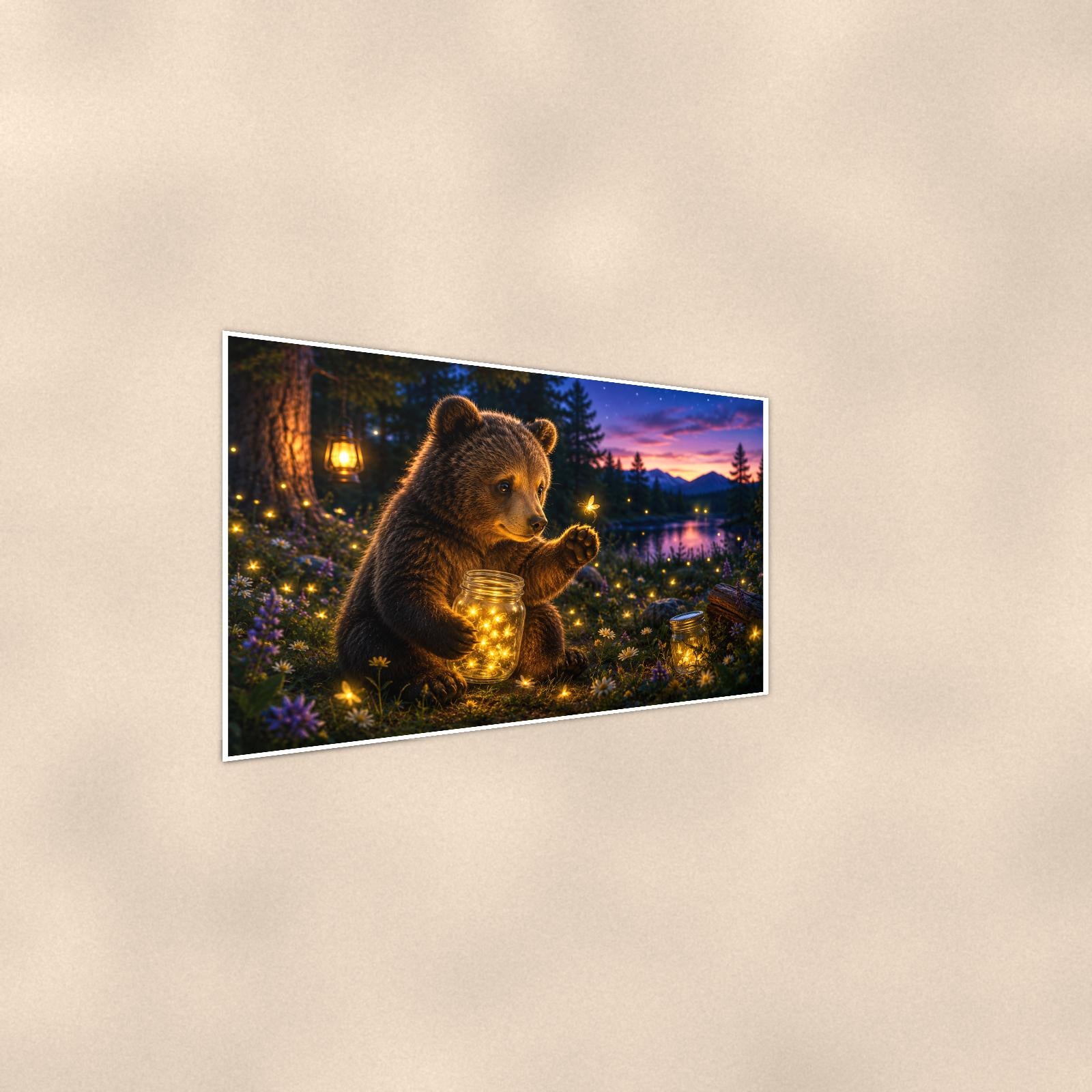 Starry Night Bear — 36x24 in art print poster, premium luster paper with a white border; steeper three-quarter angle on a warm wall, catching the luster sheen.