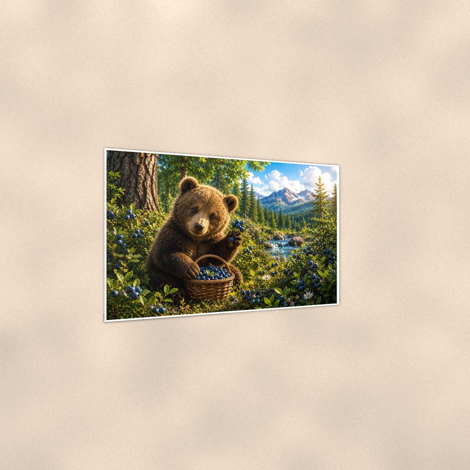 Summer Tree Branch Bear — 36x24 in art print poster, premium luster paper with a white border; gentle three-quarter angle on a warm wall, showing the flat paper edge.