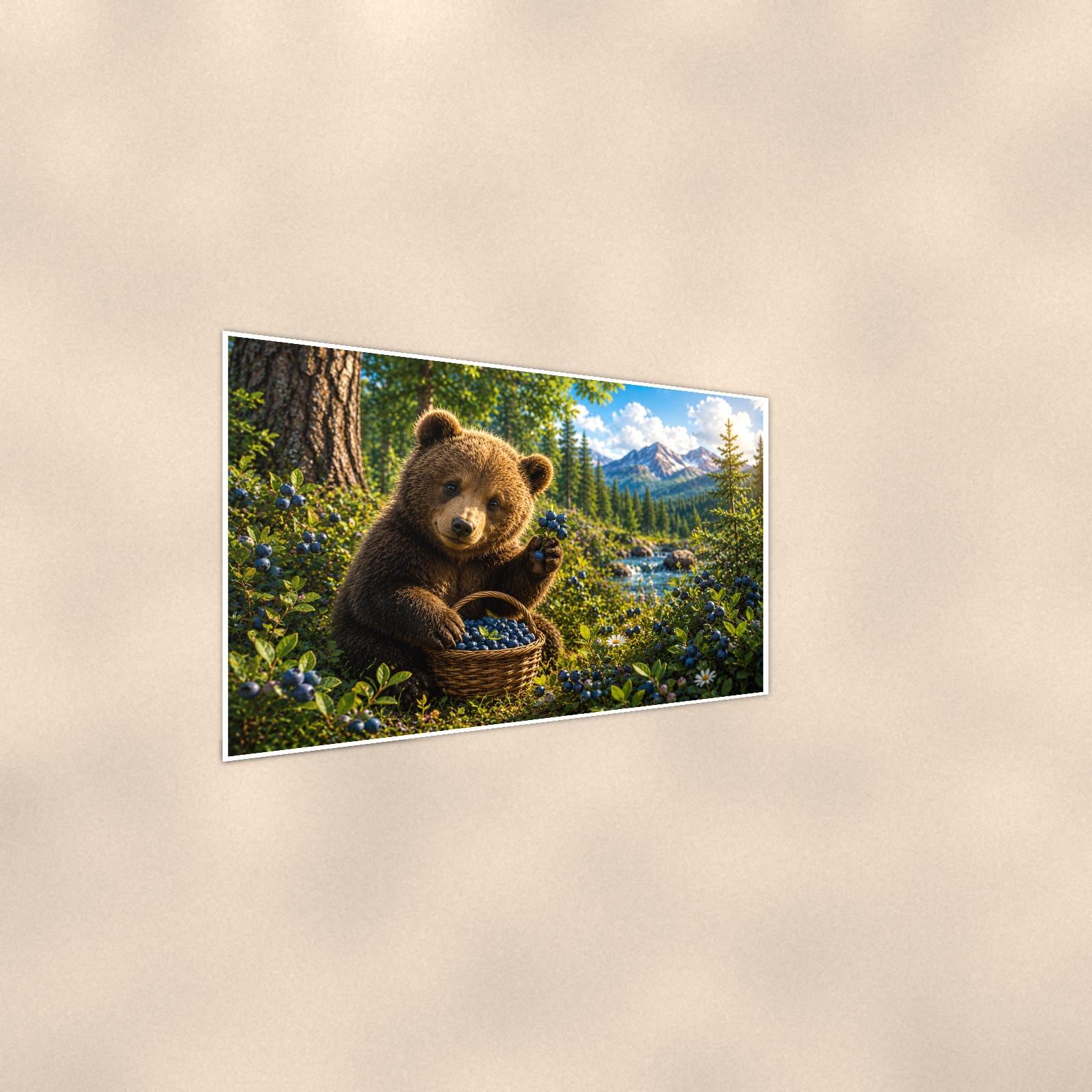Summer Tree Branch Bear — 36x24 in art print poster, premium luster paper with a white border; steeper three-quarter angle on a warm wall, catching the luster sheen.