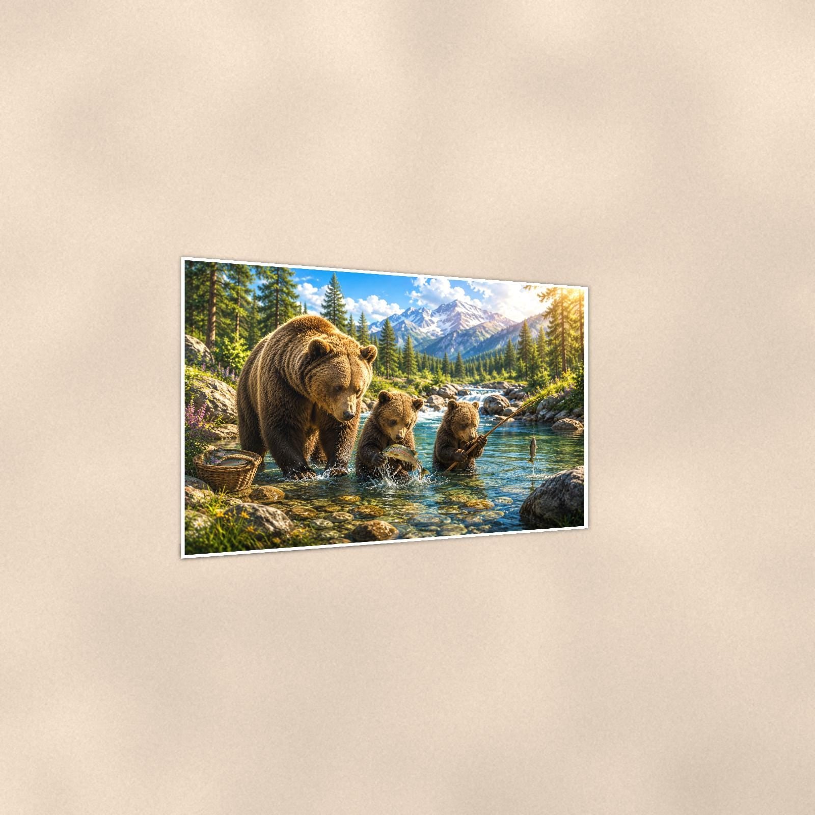 Mountain Lake Bear — 36x24 in art print poster, premium luster paper with a white border; gentle three-quarter angle on a warm wall, showing the flat paper edge.