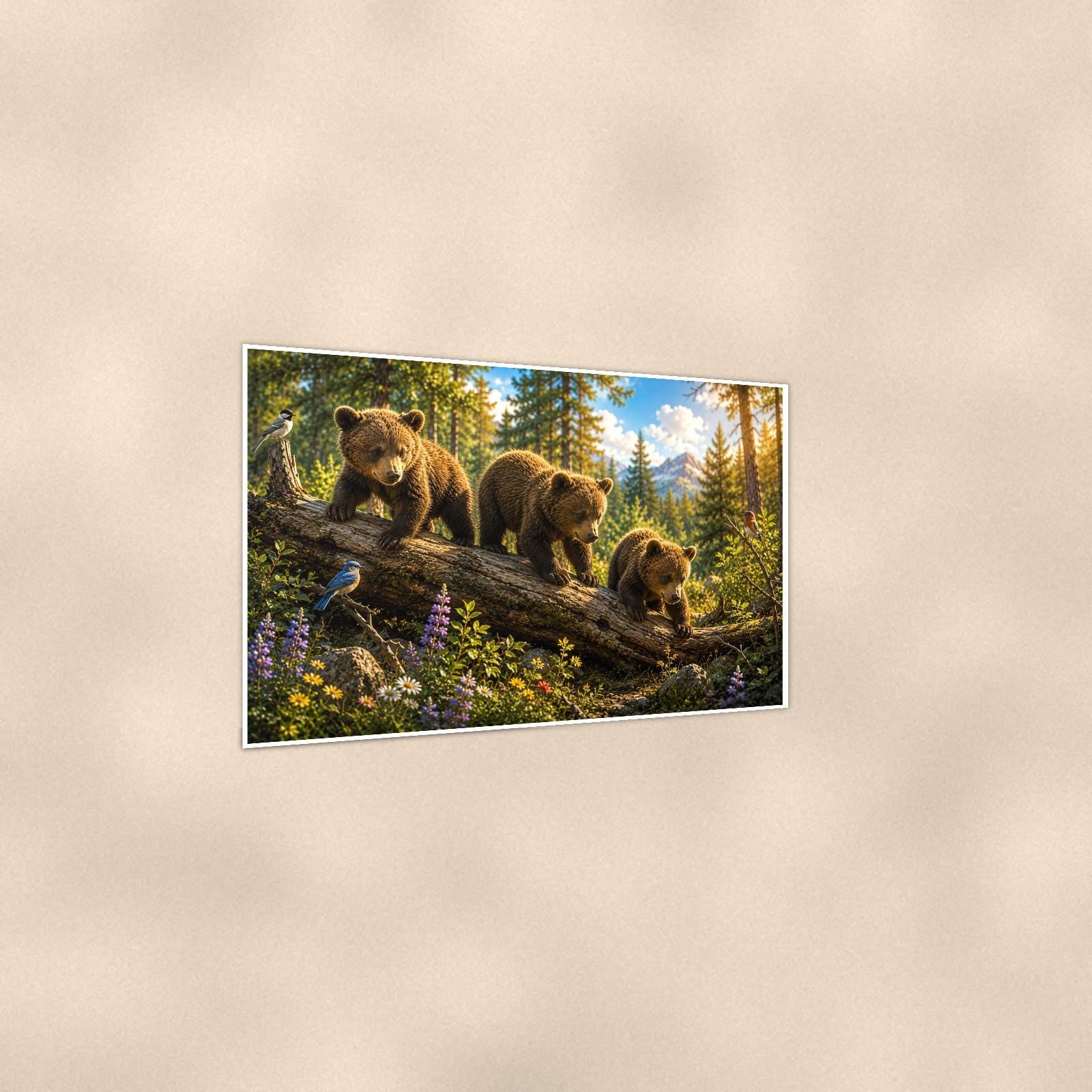 Climbing the Pines Bear — 36x24 in art print poster, premium luster paper with a white border; gentle three-quarter angle on a warm wall, showing the flat paper edge.