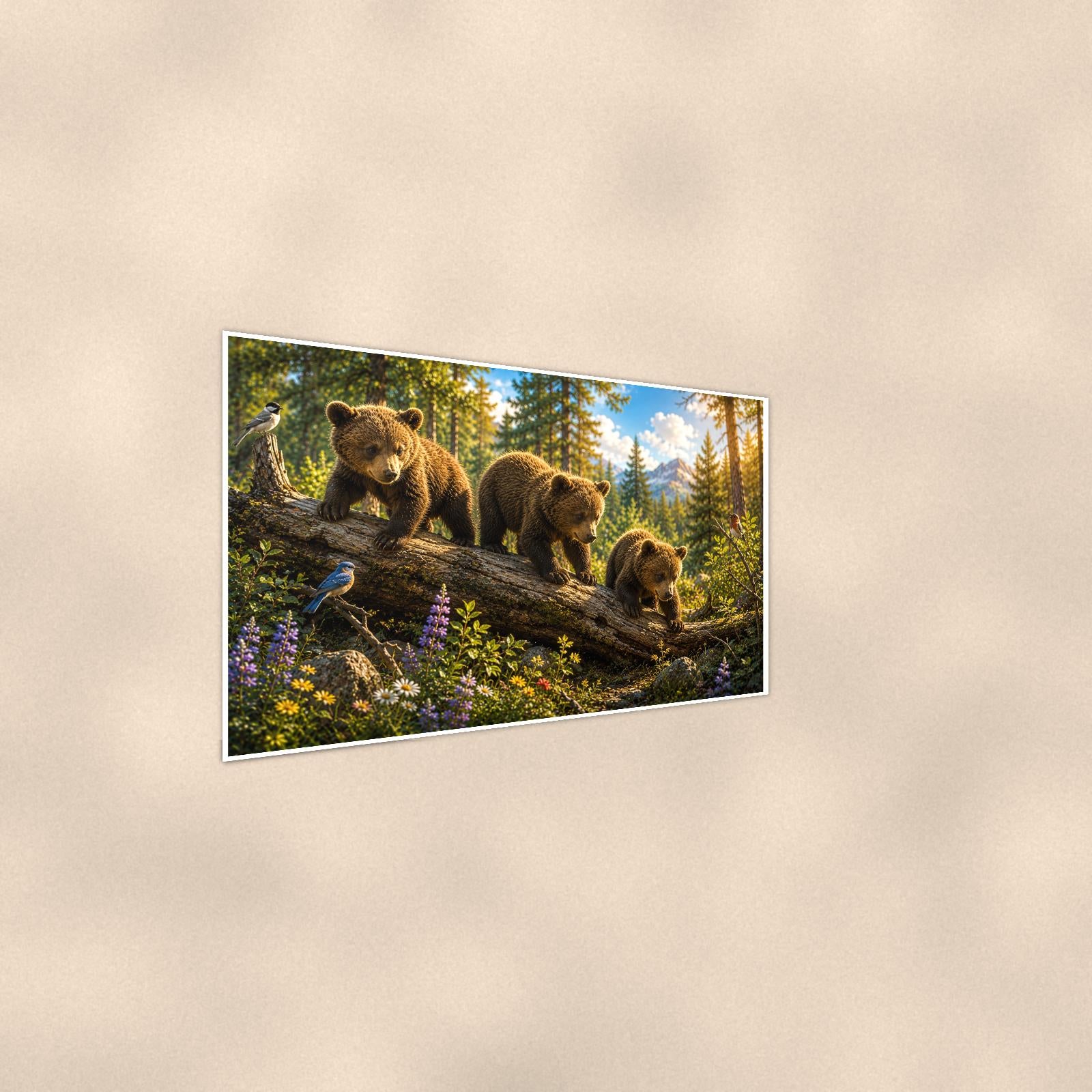 Climbing the Pines Bear — 36x24 in art print poster, premium luster paper with a white border; steeper three-quarter angle on a warm wall, catching the luster sheen.