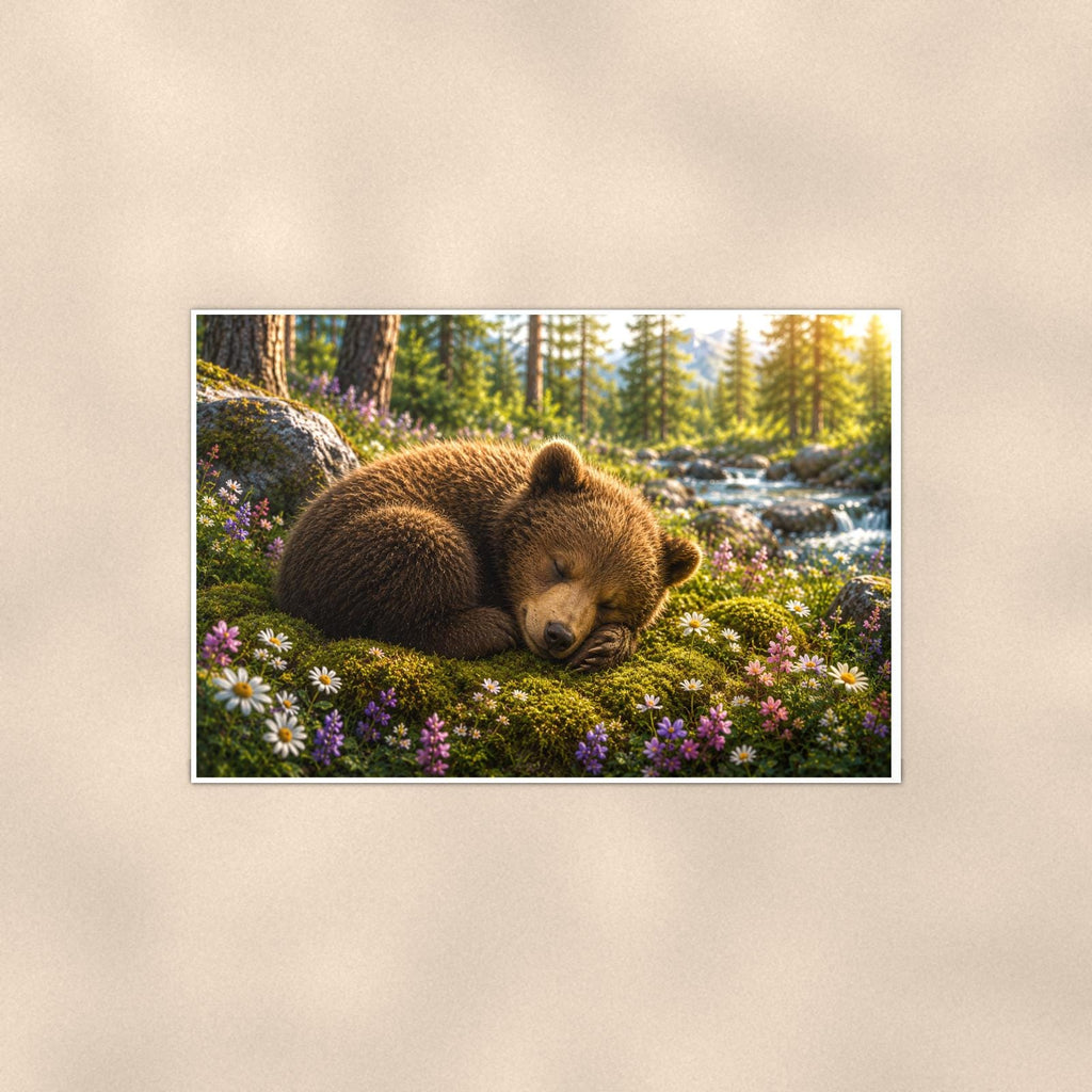 Wildflower Meadow Bear — 36x24 in art print poster, premium luster paper with a white border; poster shown straight on against a warm wall.