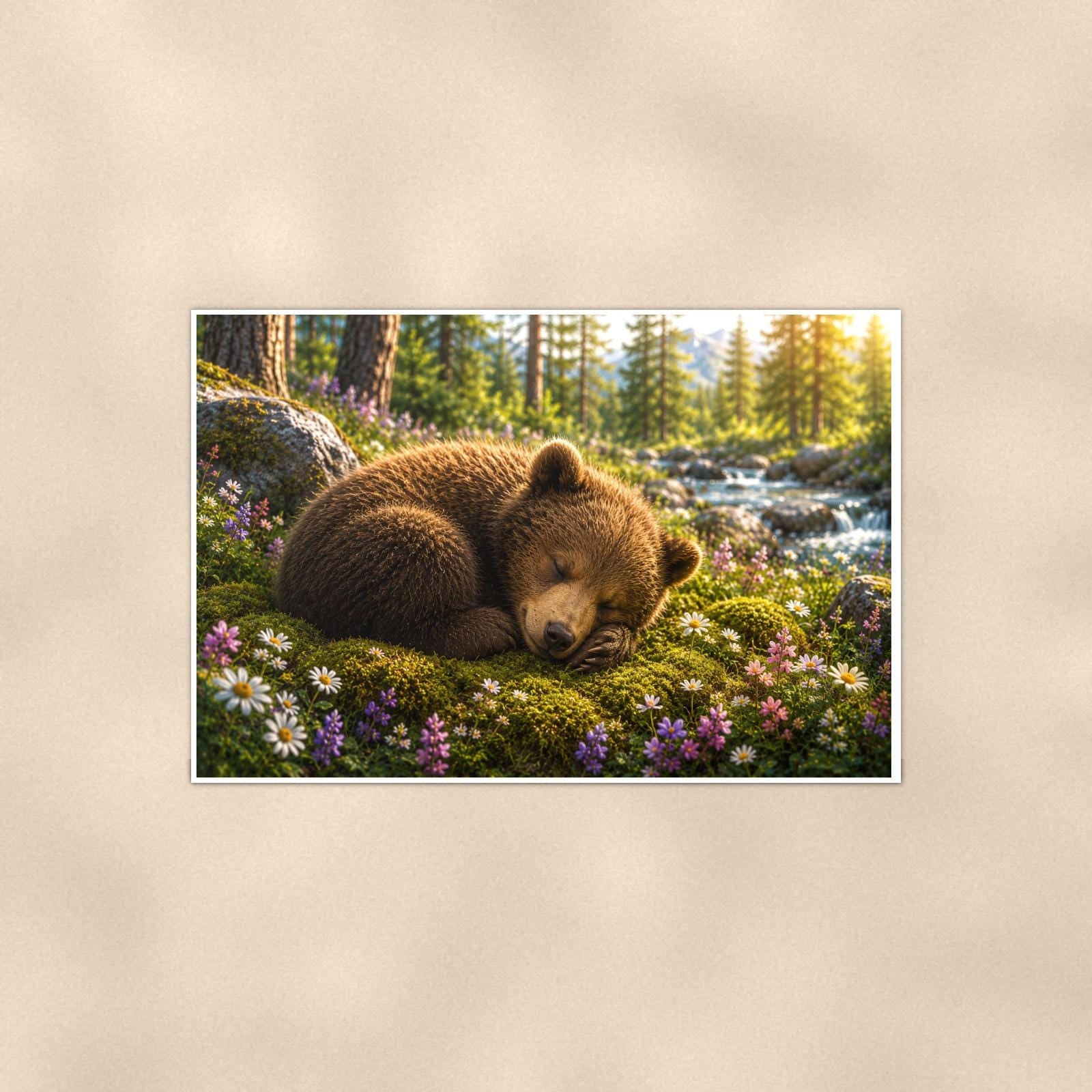 Wildflower Meadow Bear — 36x24 in art print poster, premium luster paper with a white border; poster shown straight on against a warm wall.