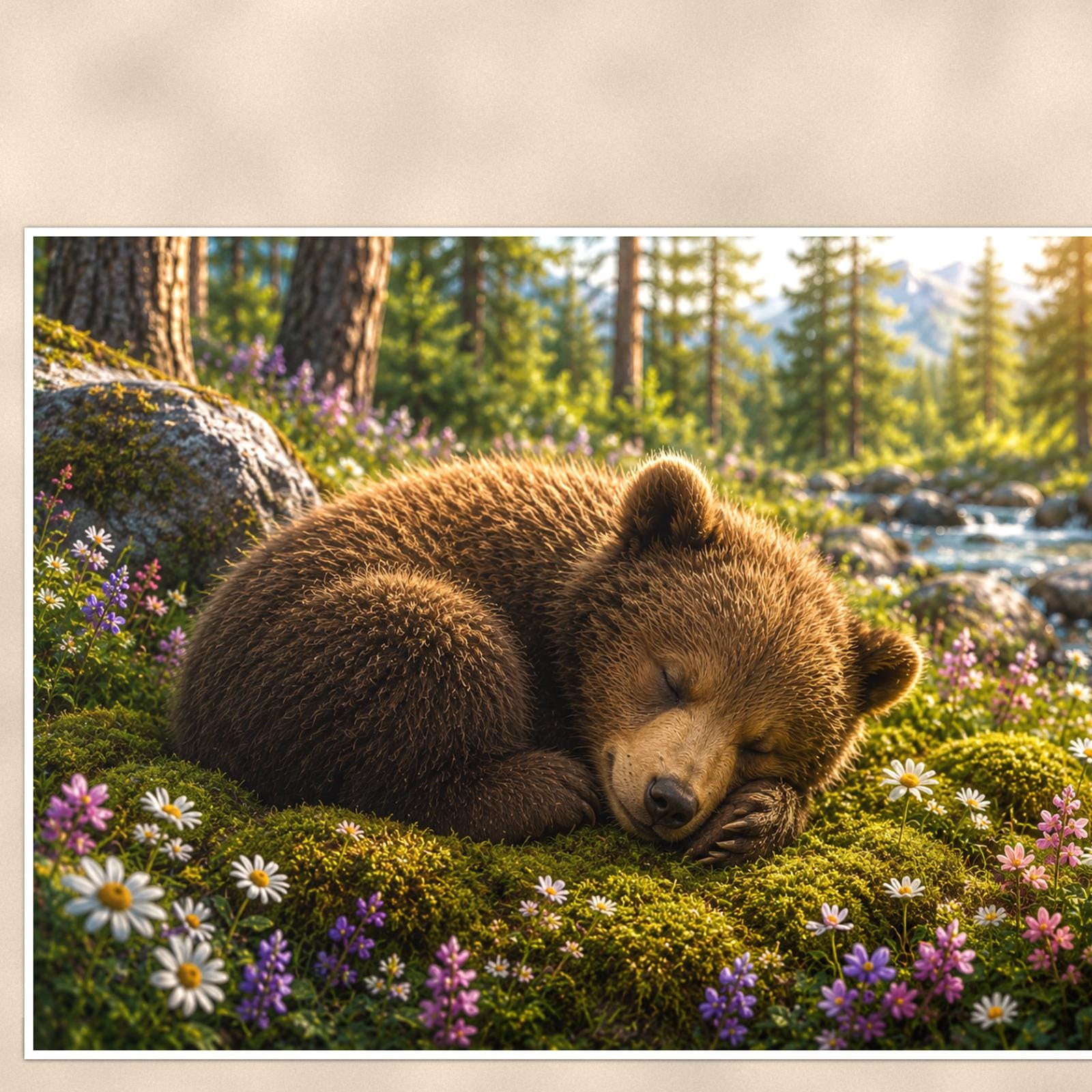 Wildflower Meadow Bear — 36x24 in art print poster, premium luster paper with a white border; close-up framed on the main subject of the artwork, paper surface visible.