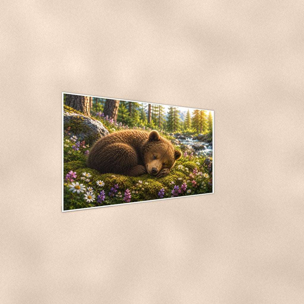 Wildflower Meadow Bear — 36x24 in art print poster, premium luster paper with a white border; steeper three-quarter angle on a warm wall, catching the luster sheen.