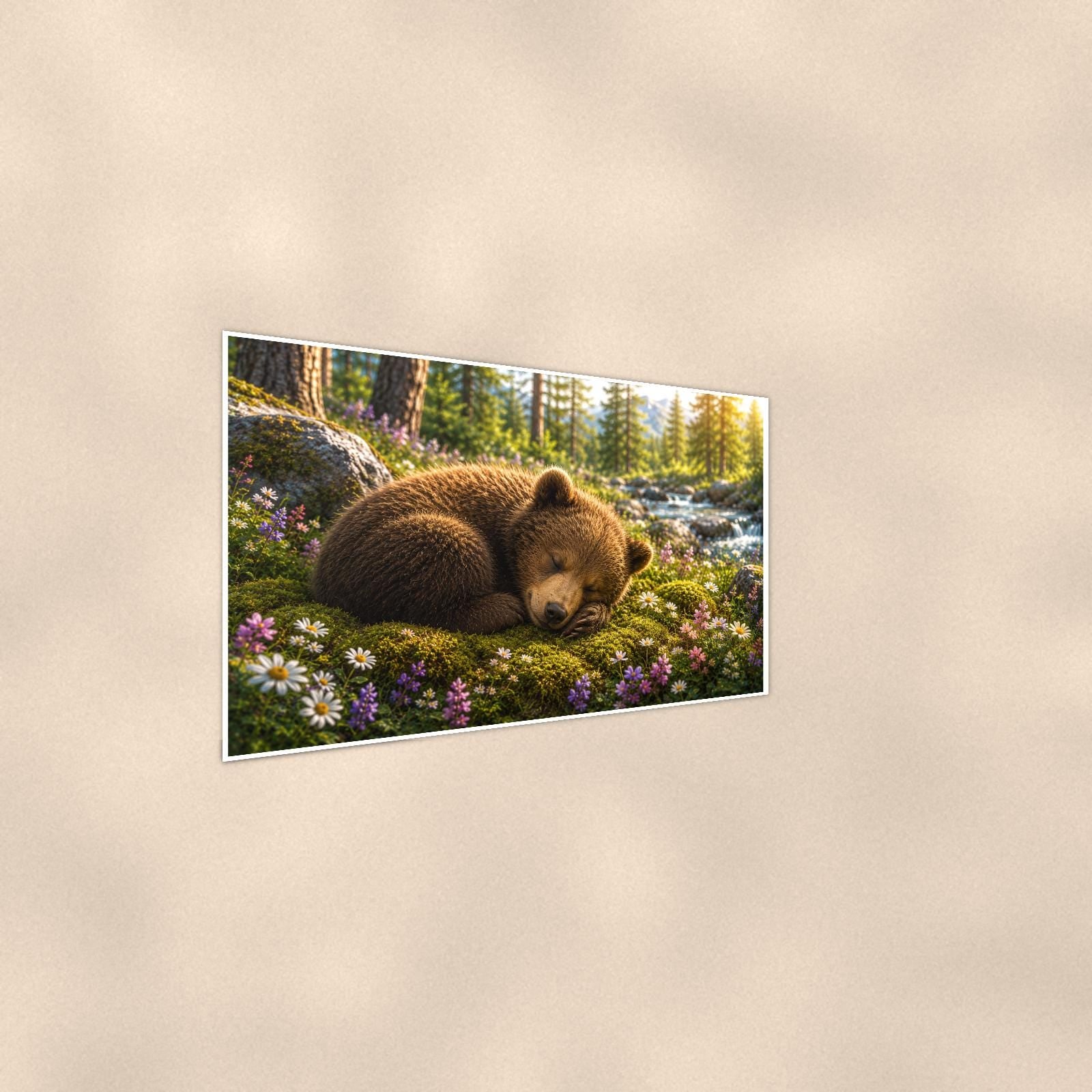 Wildflower Meadow Bear — 36x24 in art print poster, premium luster paper with a white border; steeper three-quarter angle on a warm wall, catching the luster sheen.