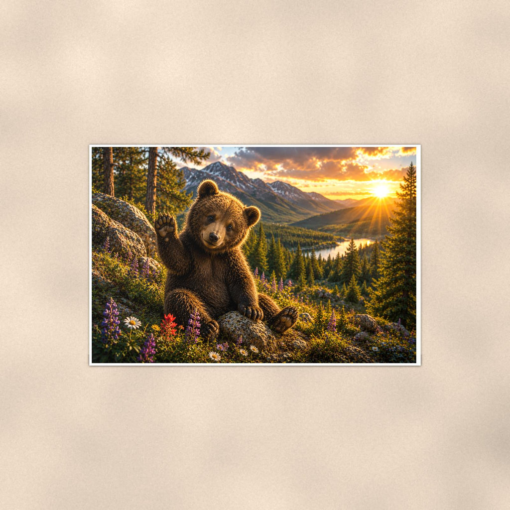 Sunset Log Bear — 36x24 in art print poster, premium luster paper with a white border; poster shown straight on against a warm wall.