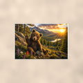 Sunset Log Bear — 36x24 in art print poster, premium luster paper with a white border; poster shown straight on against a warm wall.
