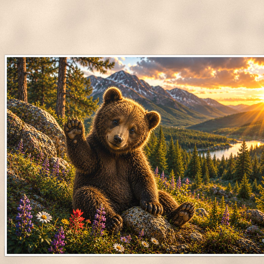 Sunset Log Bear — 36x24 in art print poster, premium luster paper with a white border; close-up framed on the main subject of the artwork, paper surface visible.