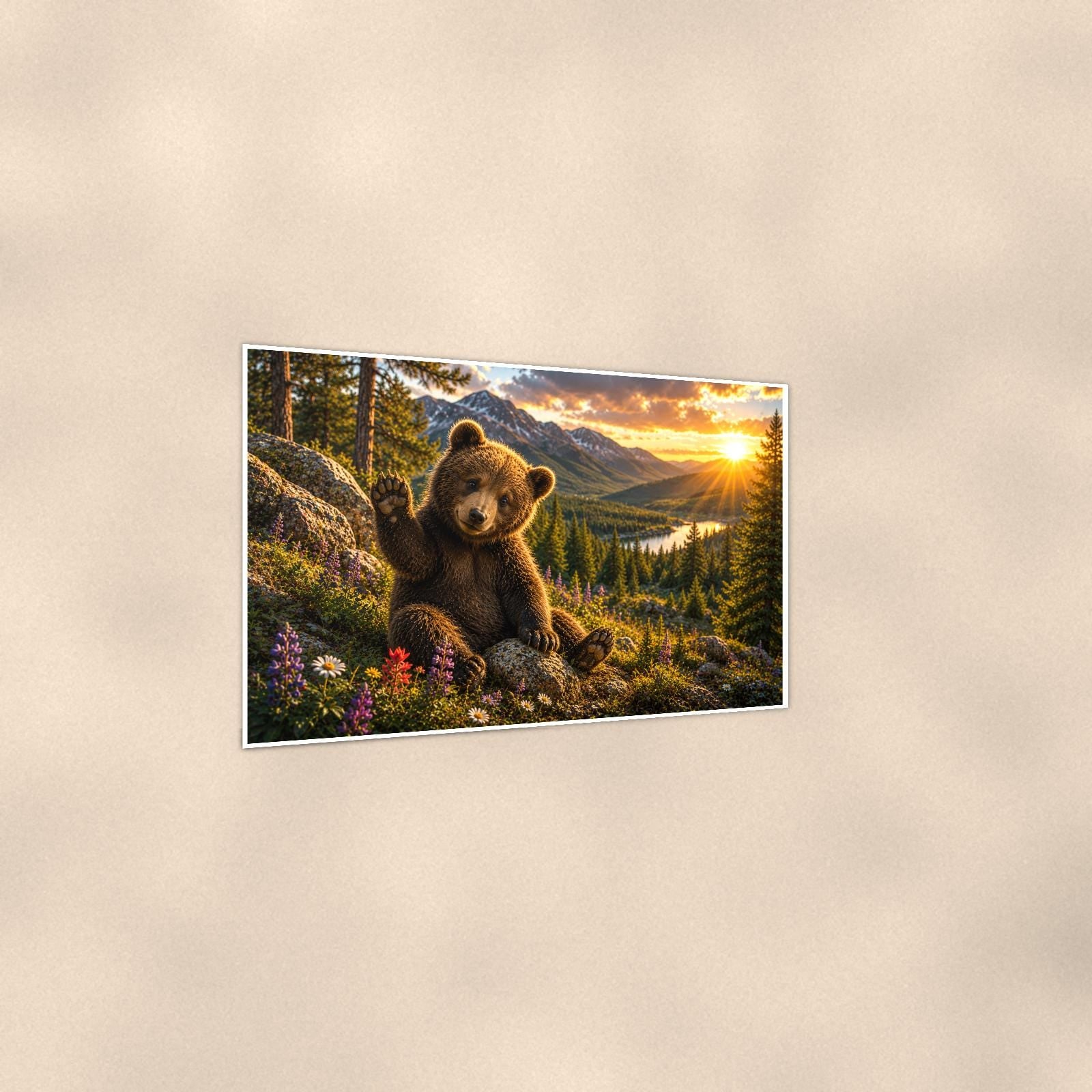 Sunset Log Bear — 36x24 in art print poster, premium luster paper with a white border; gentle three-quarter angle on a warm wall, showing the flat paper edge.