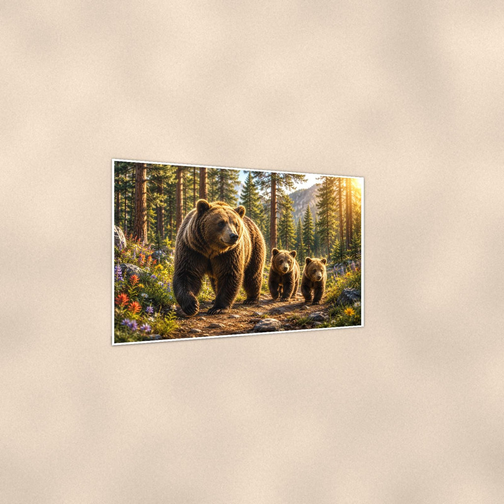 Forest Sunset Bear — 36x24 in art print poster, premium luster paper with a white border; gentle three-quarter angle on a warm wall, showing the flat paper edge.