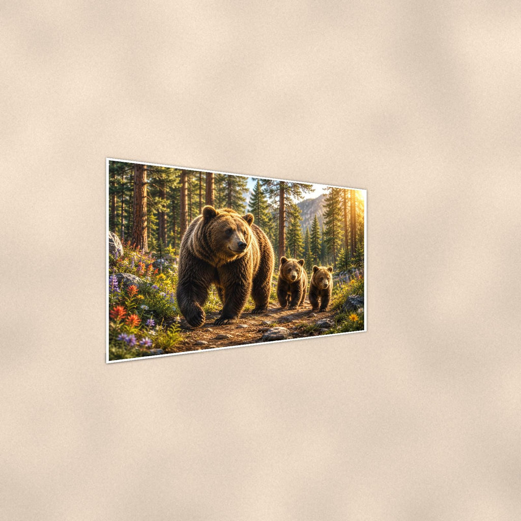 Forest Sunset Bear — 36x24 in art print poster, premium luster paper with a white border; steeper three-quarter angle on a warm wall, catching the luster sheen.