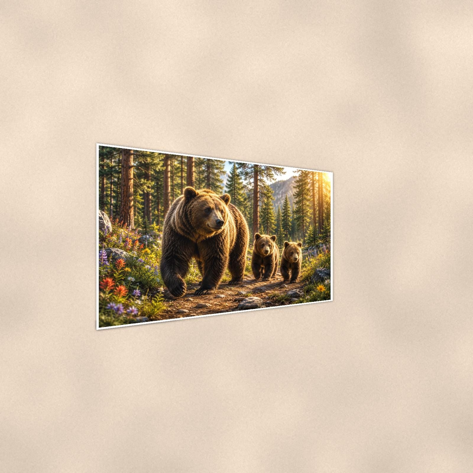 Forest Sunset Bear — 36x24 in art print poster, premium luster paper with a white border; steeper three-quarter angle on a warm wall, catching the luster sheen.