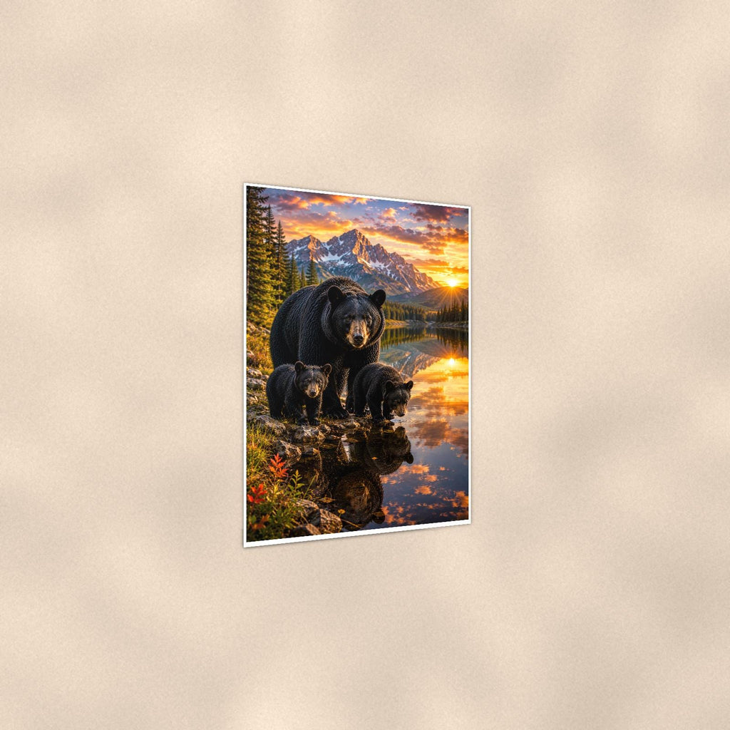 Family at the Lake Bear — 24x36 in art print poster, premium luster paper with a white border; gentle three-quarter angle on a warm wall, showing the flat paper edge.