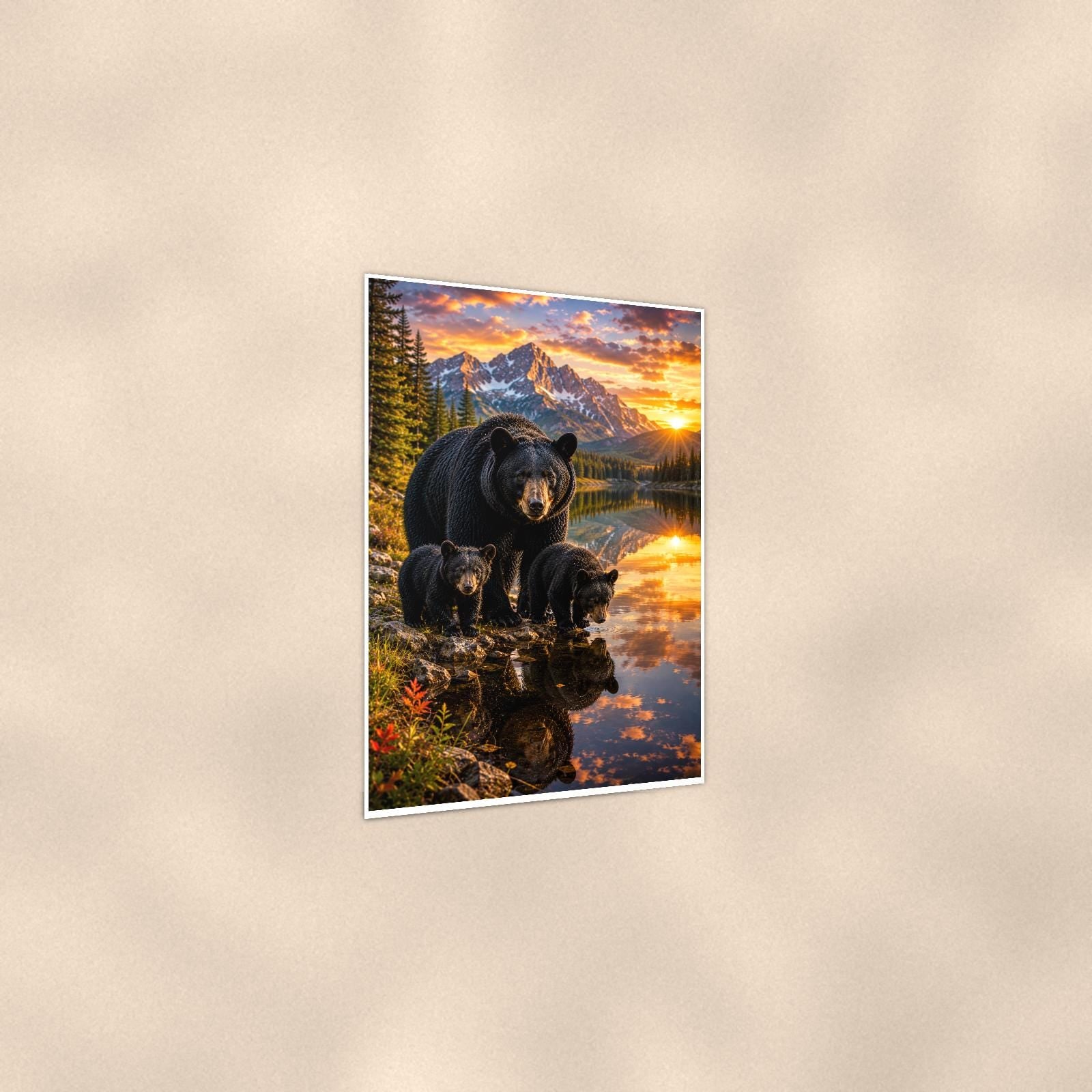 Family at the Lake Bear — 24x36 in art print poster, premium luster paper with a white border; gentle three-quarter angle on a warm wall, showing the flat paper edge.